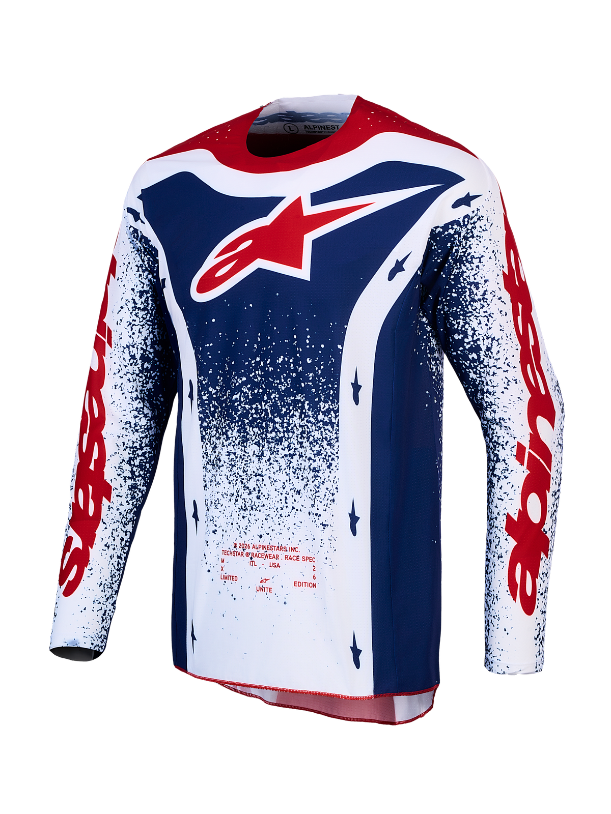 Alpinestars Techstar Unity Jersey, camisola de motocross de edição limitada para homem, azul, branca e vermelha, off-road.