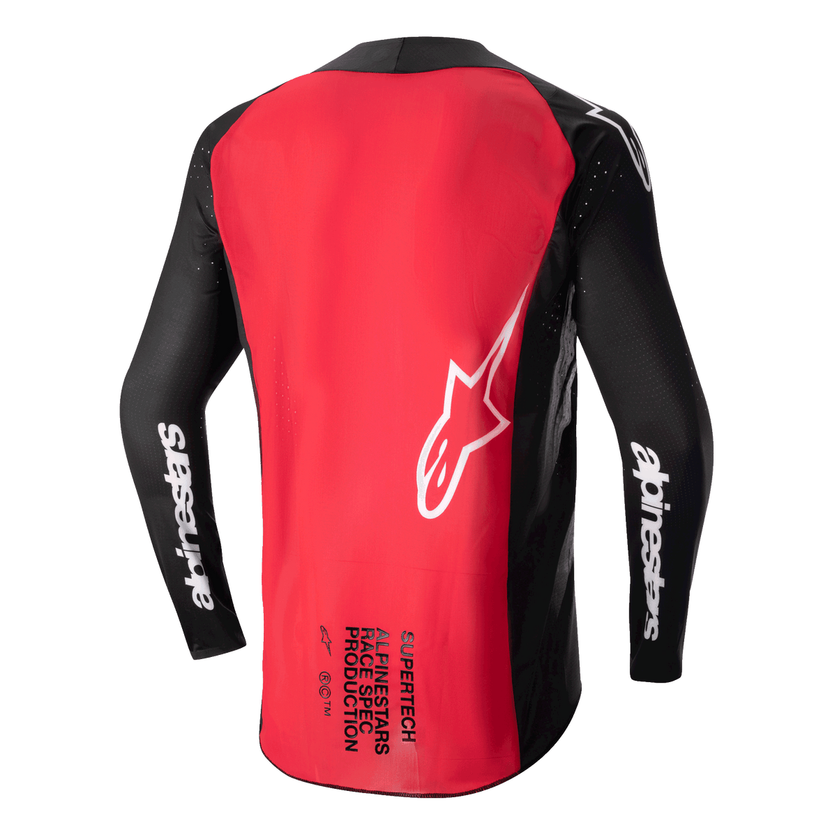 Alpinestars 2024 Supertech Ward Jersey, camisola de motocross, preta e vermelha, vista traseira com um grande painel vermelho, mangas de malha preta com a marca Alpinestars a branco, logótipo de estrela branco e texto Supertech Race Spec na parte inferior das costas