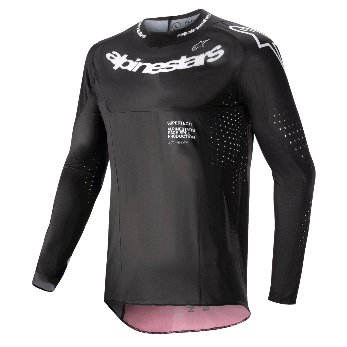 Alpinestars 2024 Supertech Ward Jersey, camisola de motocross, preta e vermelho berry, com logótipos Alpinestars brancos no peito e na gola, perfurações de ventilação cortadas a laser nas mangas e laterais, e ajuste de corrida de alta performance com detalhes interiores em vermelho.