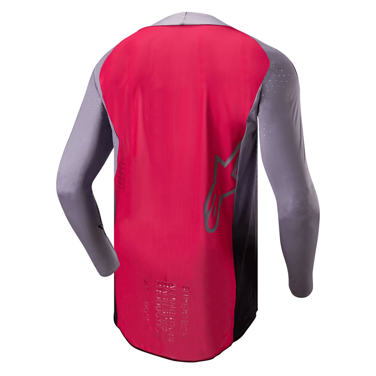 Alpinestars 2024 Supertech Dade Jersey, camisola de motocross, Iron Red Berry e cinzento, vista traseira mostrando a construção em malha respirável, contorno do logótipo de estrela da Alpinestars e branding profissional de especificação de corrida
