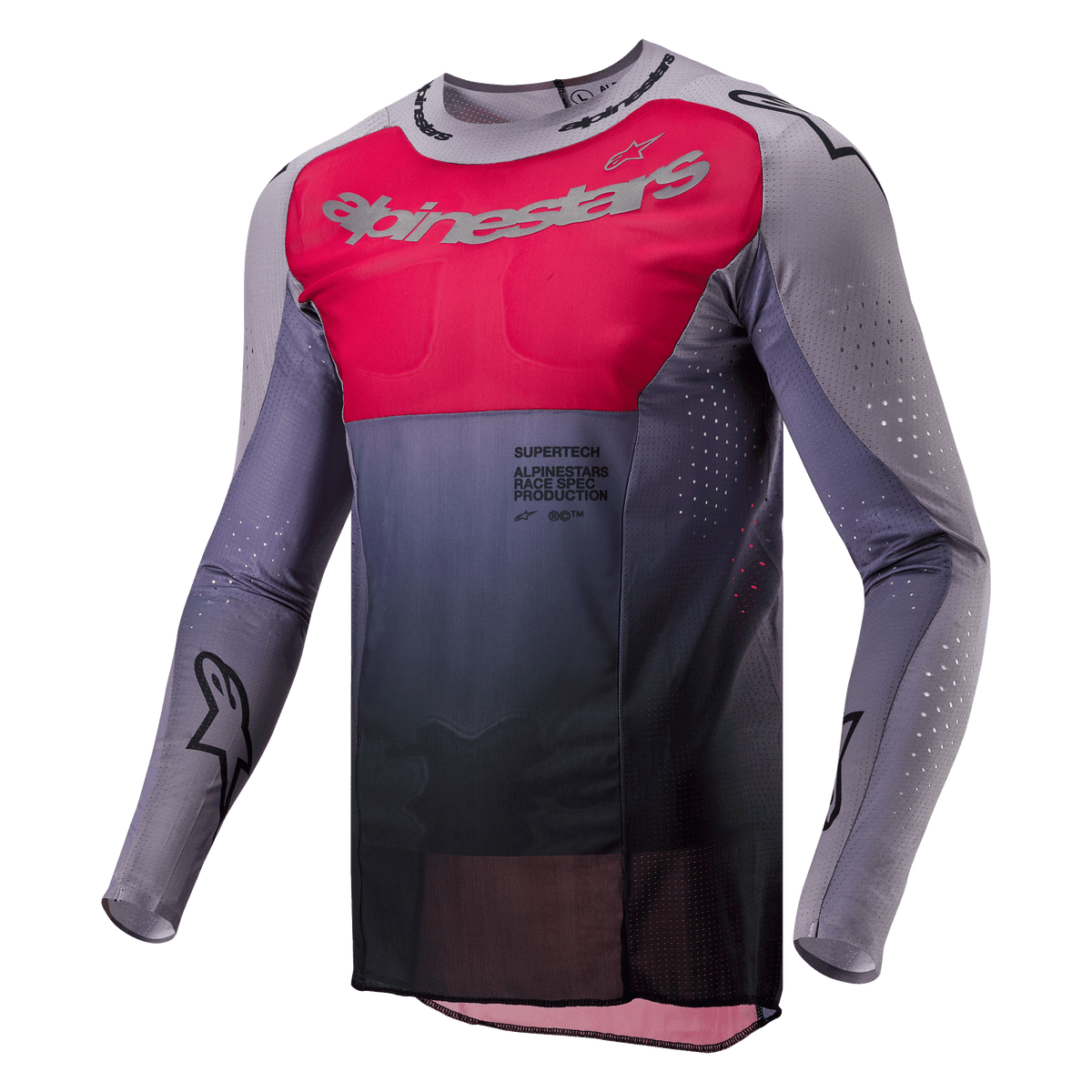 Alpinestars 2024 Supertech Dade Jersey, camisola de motocross, Iron Red Berry e cinzento, com um painel de peito vermelho vibrante e marca prateada, gradiente cinzento escuro na cintura, perfurações cortadas a laser nas mangas e laterais, e um design de ajuste de corrida atlético.