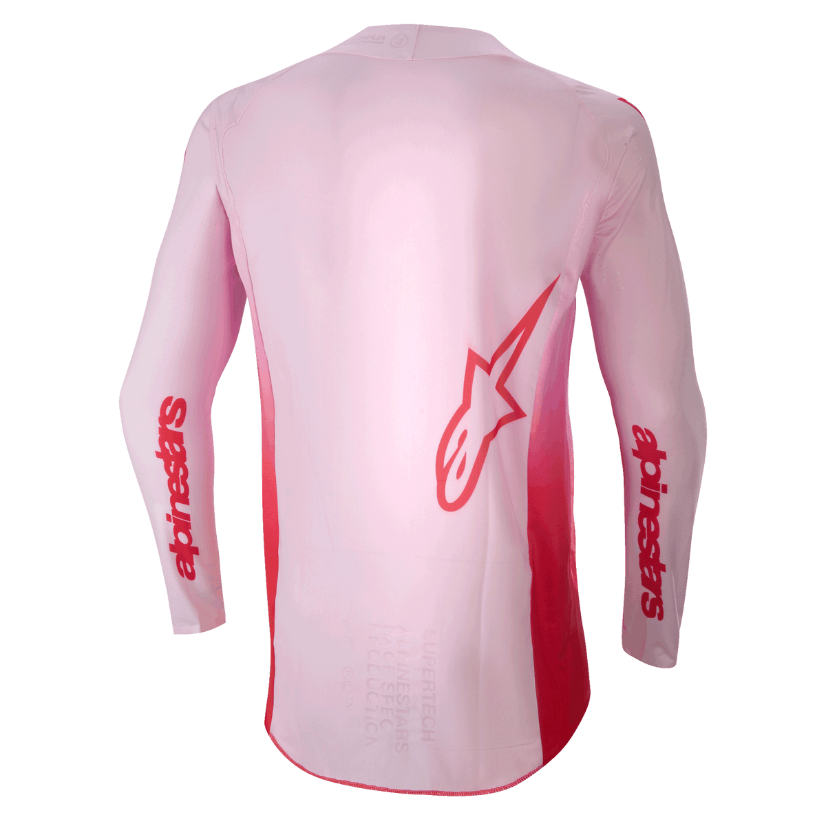 Alpinestars 2024 Supertech Dade Jersey, camisola de motocross, Red Berry Lilac, vista traseira com um grande logótipo Astar vermelho nas costas e marca Alpinestars vermelha nas mangas, construção em malha elástica leve com painel traseiro estendido para desempenho em todo-o-terreno.