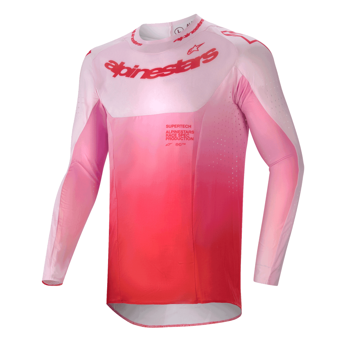 Alpinestars 2024 Supertech Dade Jersey, camisola de motocross, Red Berry Lilac, com um design em gradiente de rosa a vermelho, corte atlético de manga comprida com orifícios de ventilação cortados a laser e logótipo destacado no peito, vestuário de performance para motocross