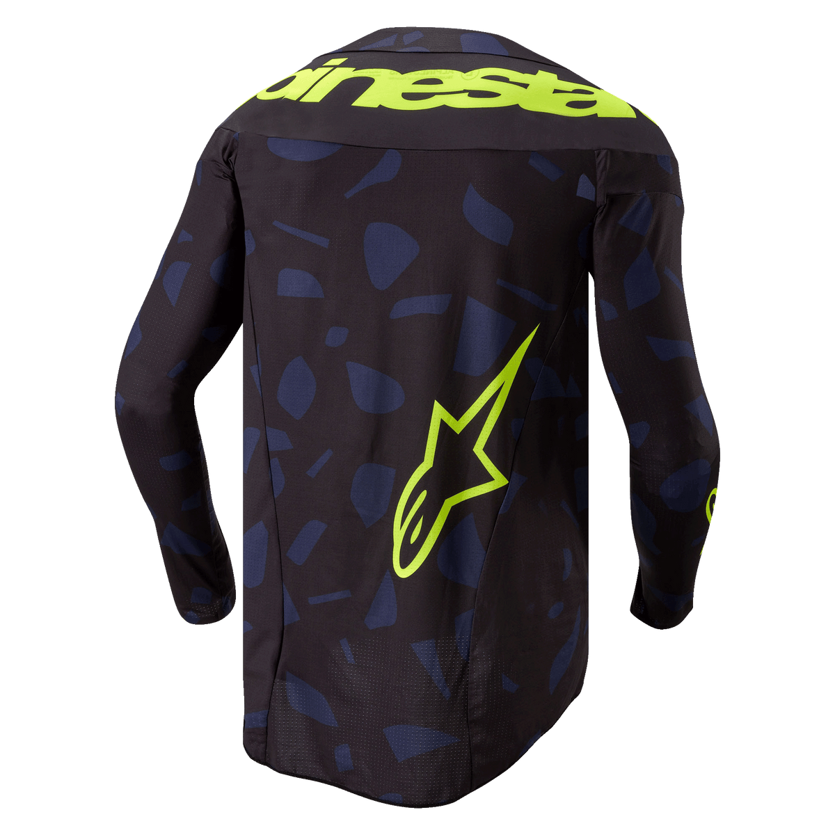 Camisola Alpinestars 2024 Techstar Rantera, camisola de motocross, preta, azul marinho e amarelo néon, vista traseira, com um padrão geométrico azul marinho sobre uma base preta, texto Alpinestars em amarelo néon arrojado nos ombros e um logótipo de estrela grande na parte inferior das costas, equipamento técnico de manga comprida para corridas de todo-o-terreno