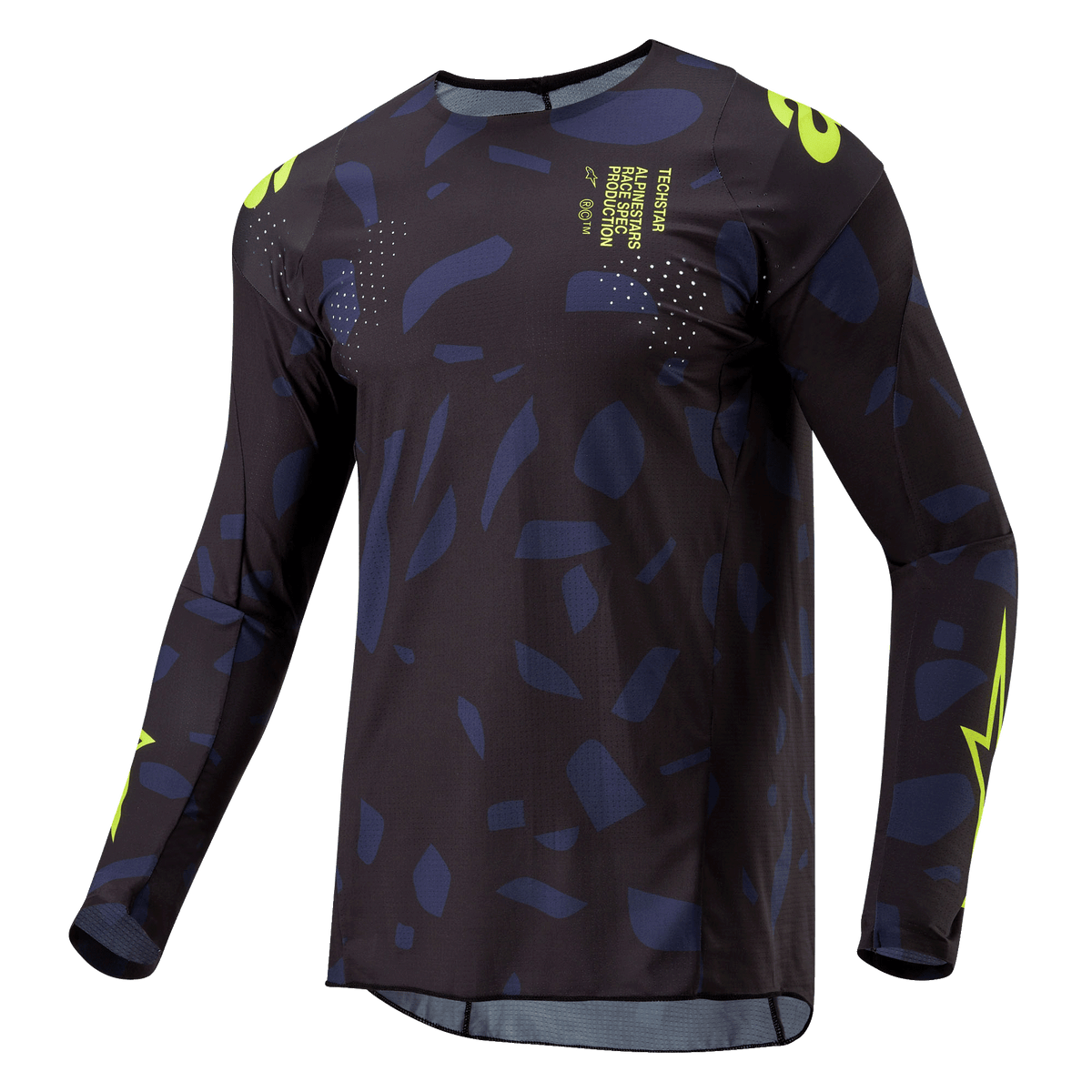 Alpinestars 2024 Techstar Rantera Jersey, camisola de motocross, preto, azul-marinho e amarelo néon, corte atlético de manga comprida com padrão abstrato, logótipos e detalhes de texto em amarelo néon, concebida para performance em todo-o-terreno