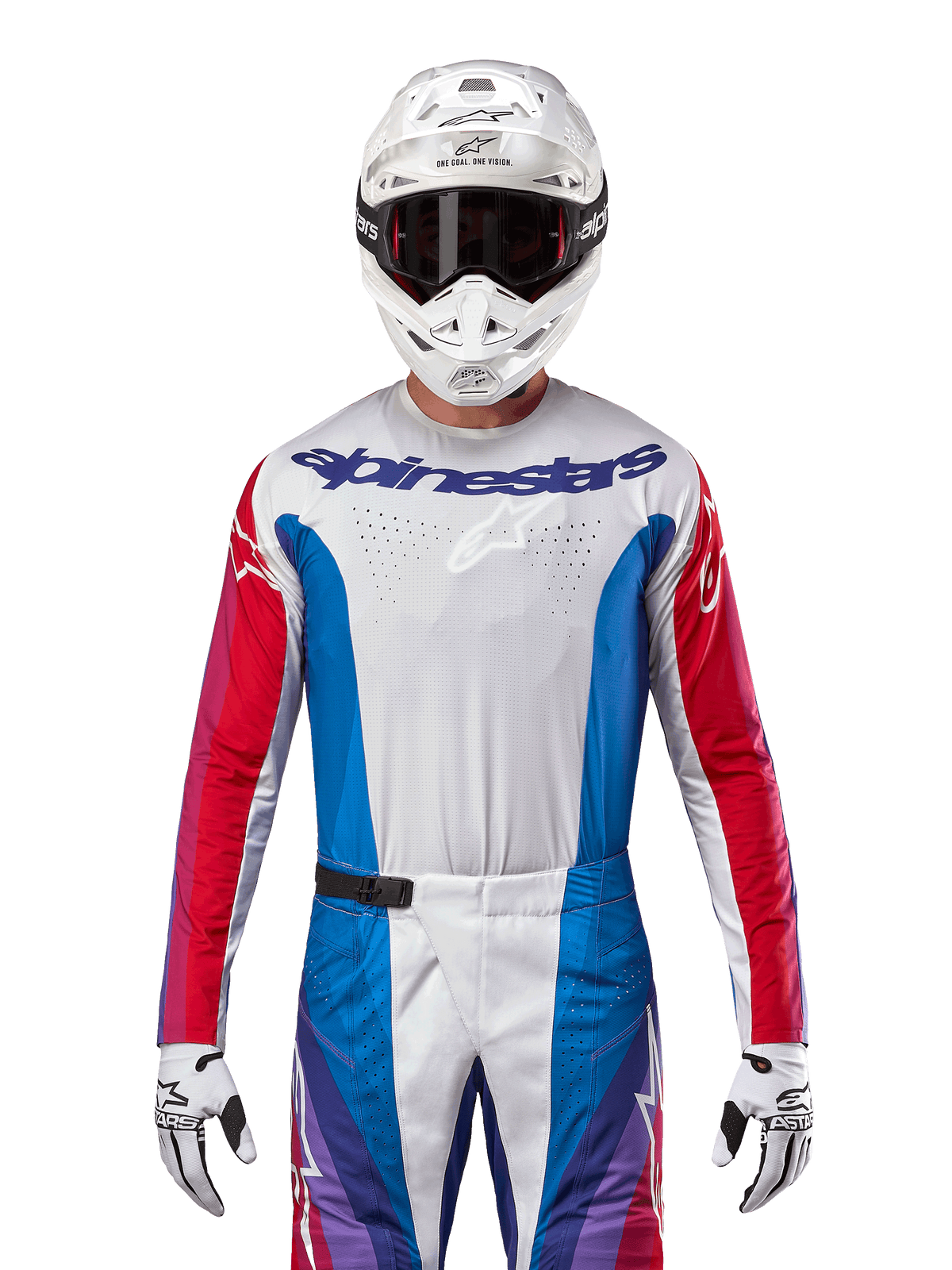 Alpinestars 2024 Techstar Pneuma Jersey, Motocross Jersey, Blue Mars Red and White, front view worn by a rider with white helmet and gloves, featuring laser-cut perforations on the chest and bold branding, athletic racing apparel for off-road