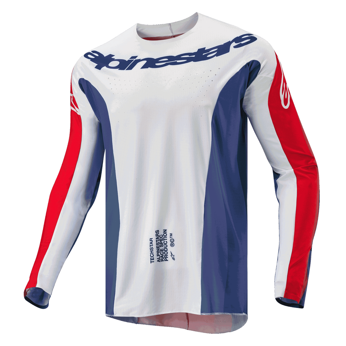 Alpinestars 2024 Techstar Pneuma Jersey, Motocross Jersey, Blue Mars Red and White, white main body with blue side panels and red sleeve accents, Alpinestars logo across the chest, lightweight athletic race fit for off-road racing