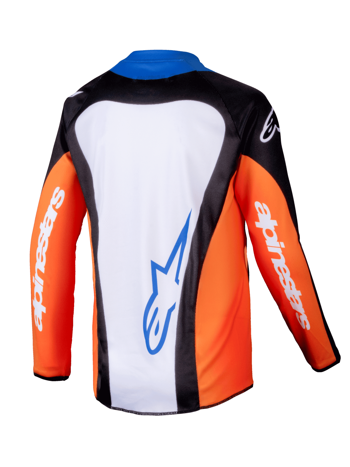 Alpinestars 2025 Youth Racer Melt Jersey, camisola de motocross, laranja, azul e branca, vista traseira mostrando o painel traseiro branco com logótipo azul, mangas laranja com branding branco, design ergonómico para condução off-road para jovens