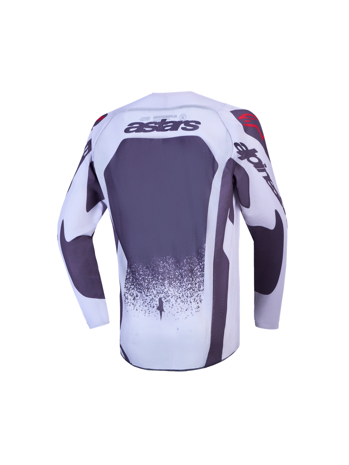 Alpinestars Juventude Supertech Swan, camisola de motocross cinzenta e branca, vista traseira com logótipo astars e malha.