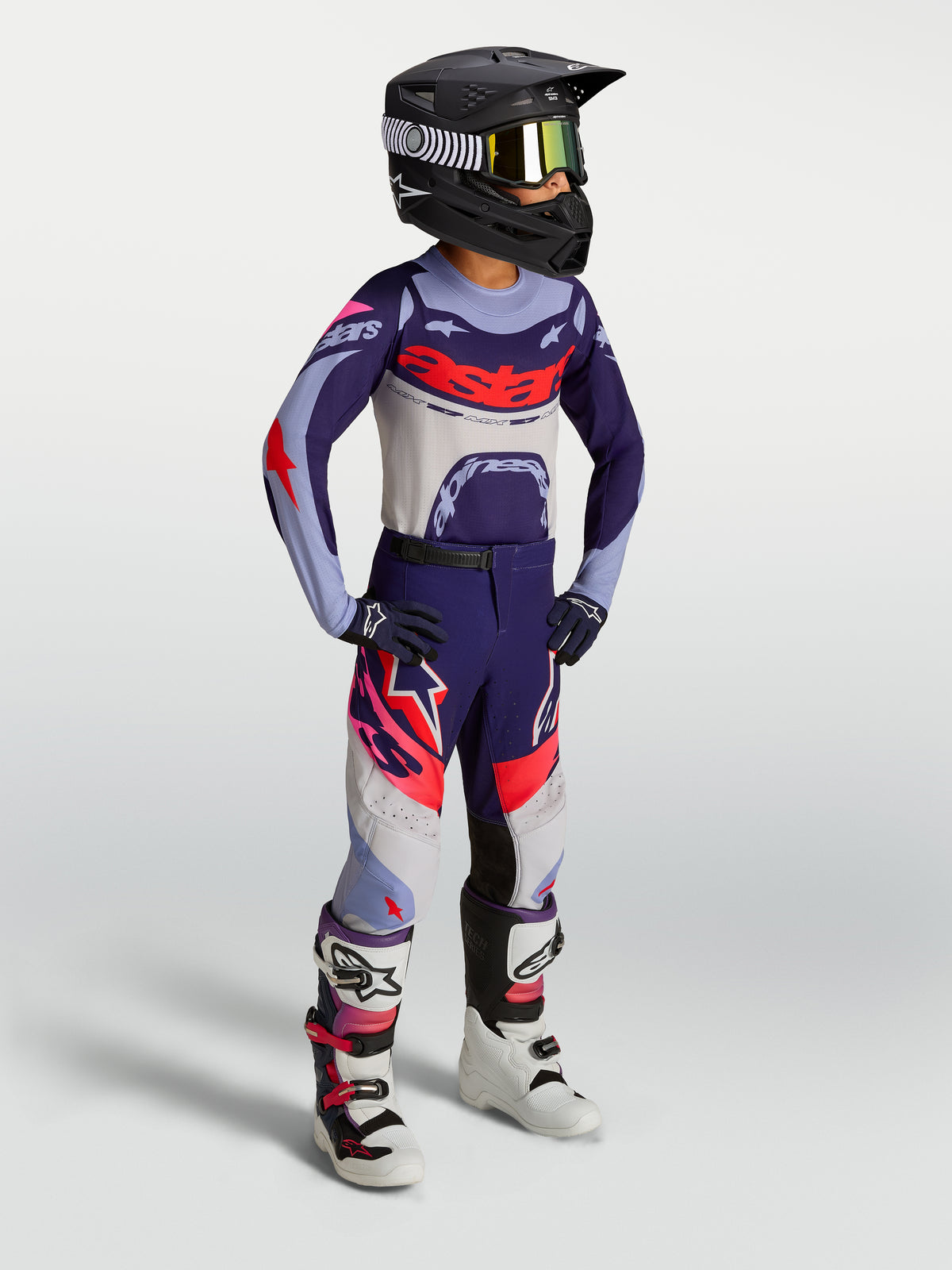 Alpinestars Juventude Supertech Dyna Gear Set, conjunto de motocross roxo e rosa, ajuste de corrida e malha ventilada.