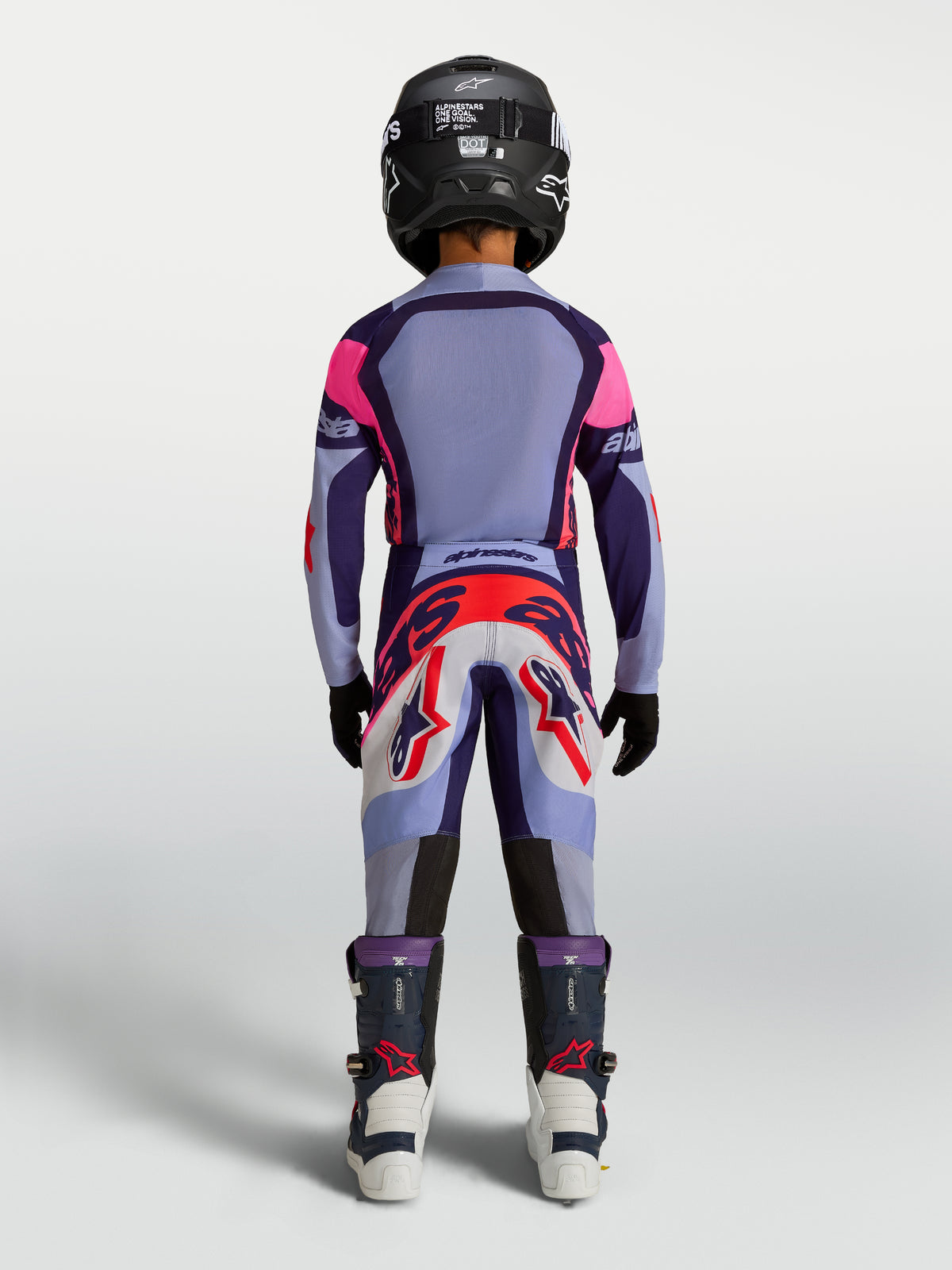 Alpinestars Juventude Supertech Dyna Gear Set, equipamento de motocross para jovens, roxo e rosa, vista traseira.