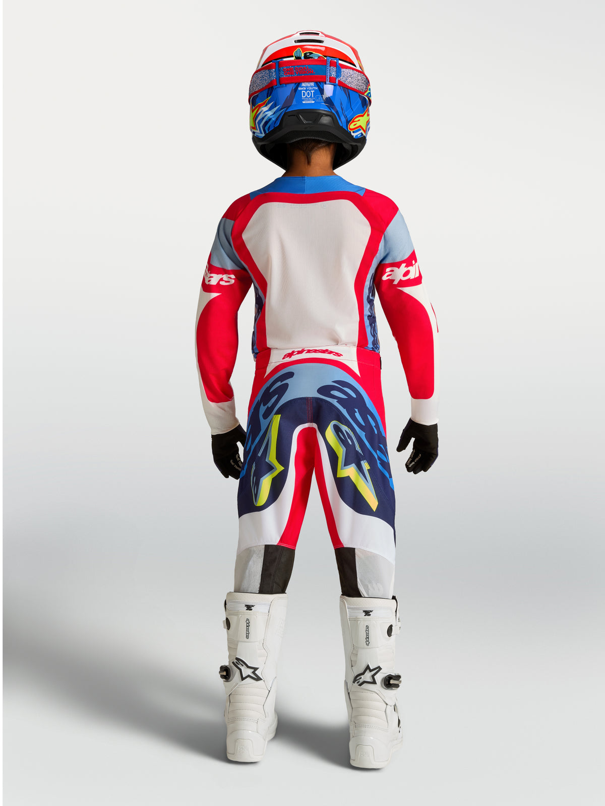 Alpinestars Camisola Supertech Dyna Jovem e kit de corrida, vermelho e azul-marinho, motocross, vista traseira.