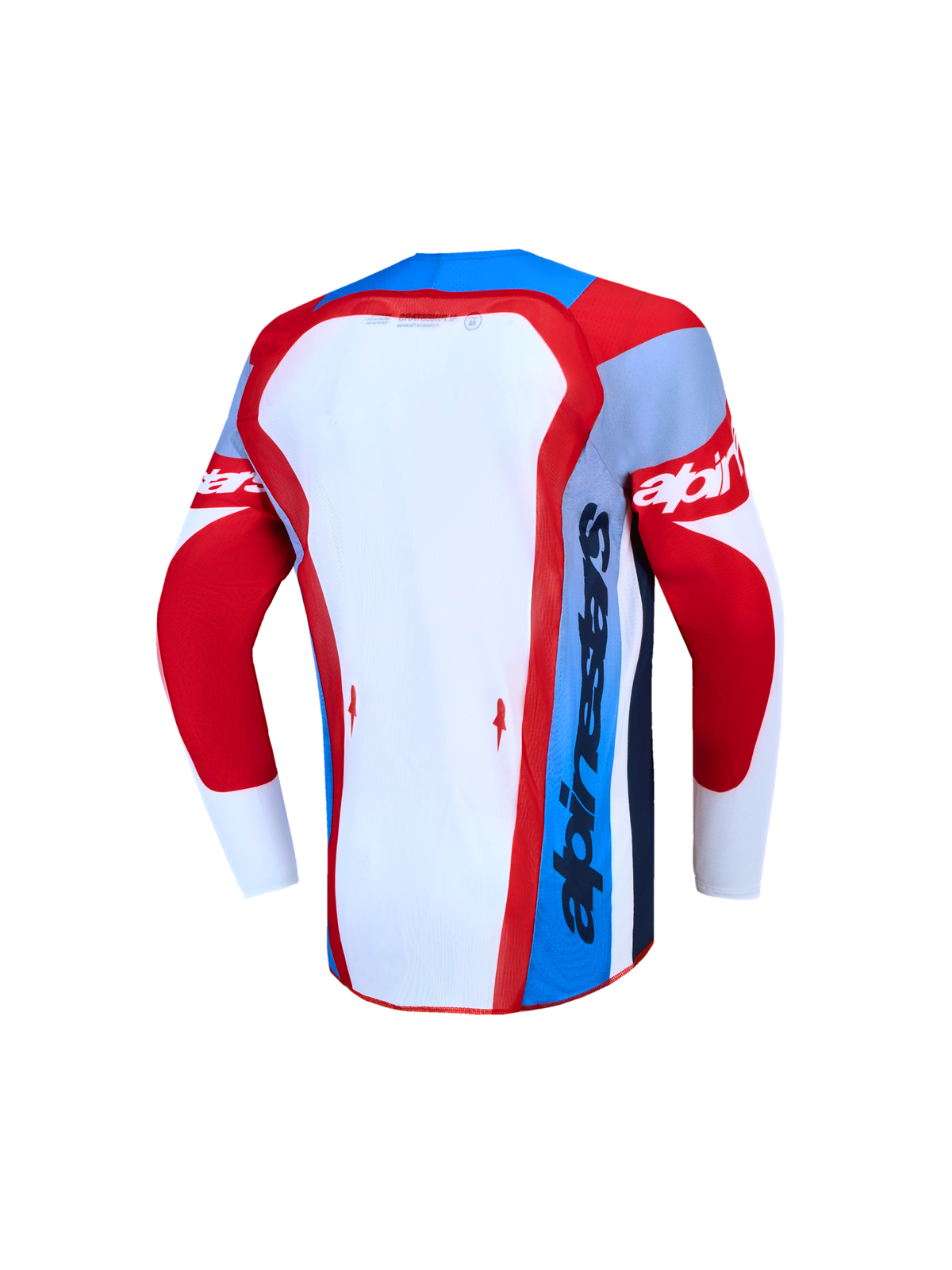 Alpinestars Supertech Dyna Jovem, camisola de motocross de alto desempenho, malha vermelha, branca e azul, vista traseira.