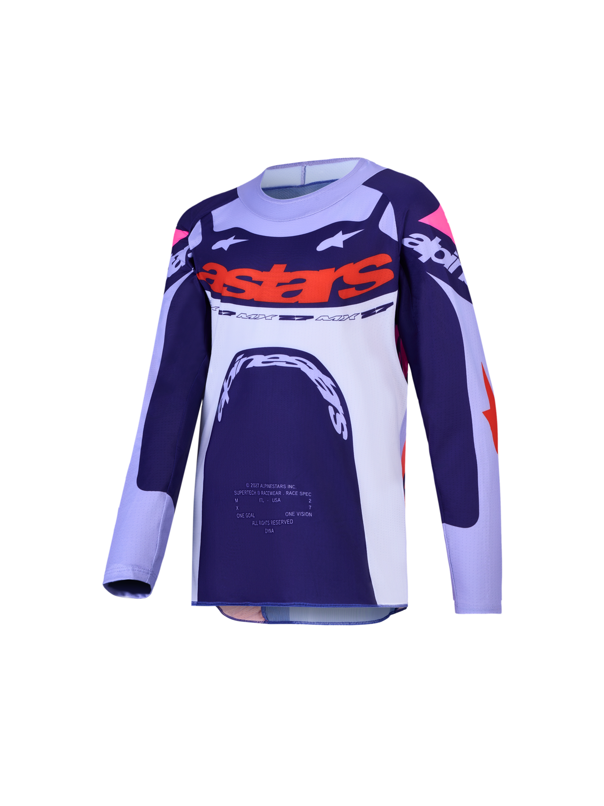 Alpinestars Juventude Supertech Dyna, camisola de motocross, azul-marinho e branca com laranja, equipamento off-road.