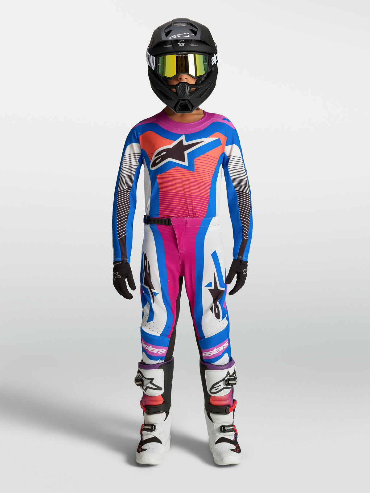 Alpinestars camisola Supertech Maven jovem e gear set, conjunto de motocross azul e coral para juventude, todo-o-terreno.