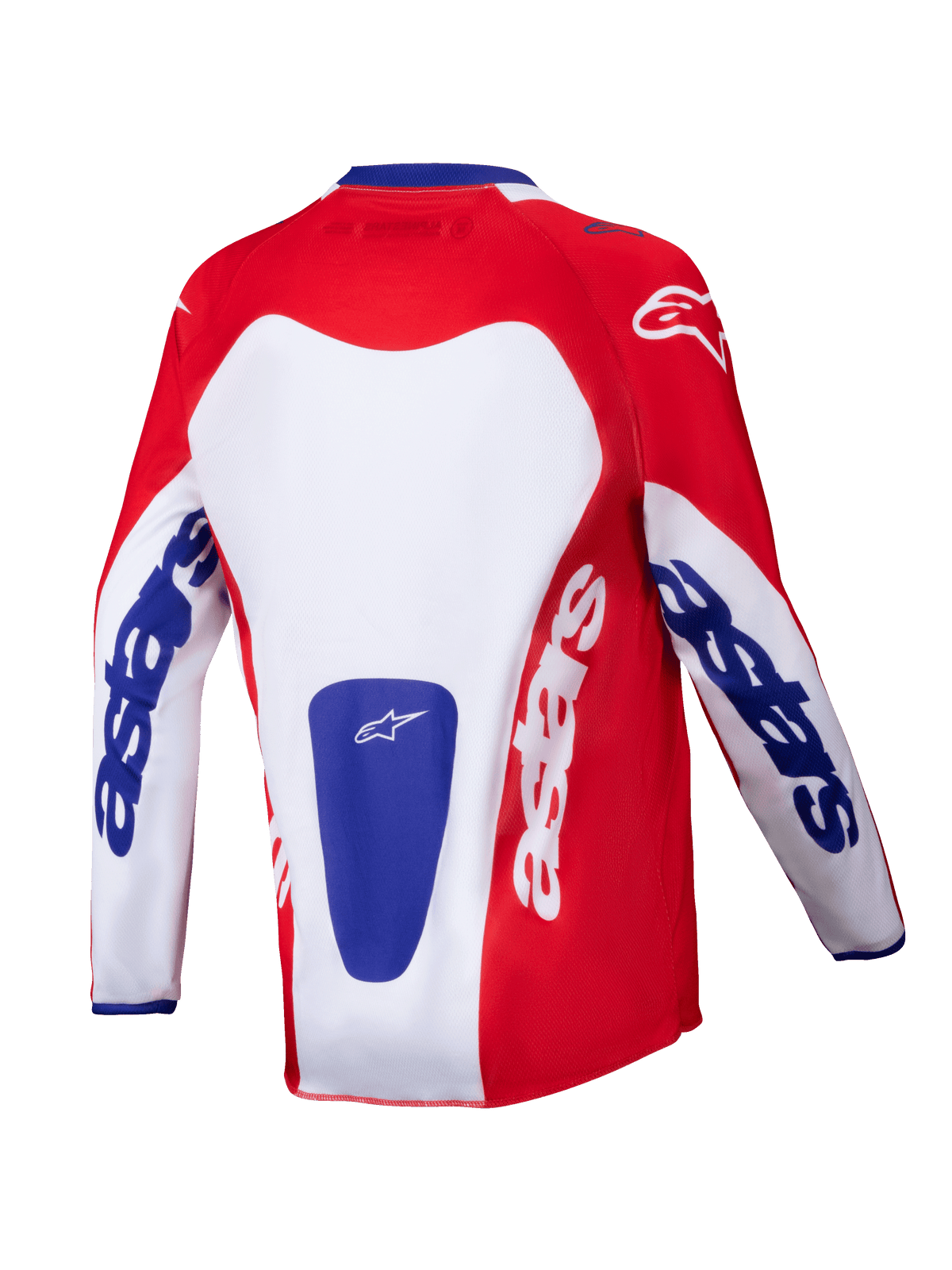 Alpinestars 2025 Youth Racer Veil Jersey, camisola de motocross, vermelho brilhante e branco com detalhes em azul, vista traseira exibindo a marca 'astars' em destaque nas mangas e nas costas, concebida para performance off-road para jovens