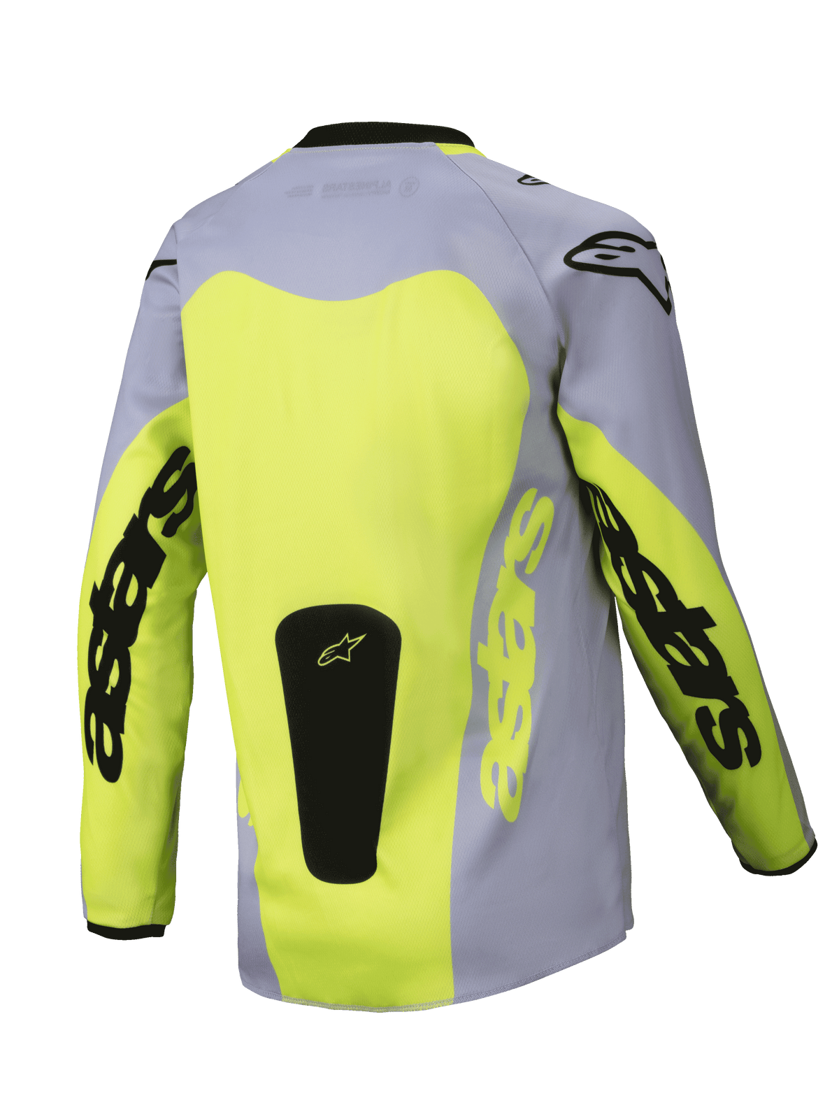 Alpinestars 2025 Youth Racer Veil Jersey, vista traseira, cinzento e amarelo fluorescente, com um grande painel traseiro amarelo e logótipos Astars nas mangas, logótipo preto na base, equipamento de motocross leve para todo-o-terreno