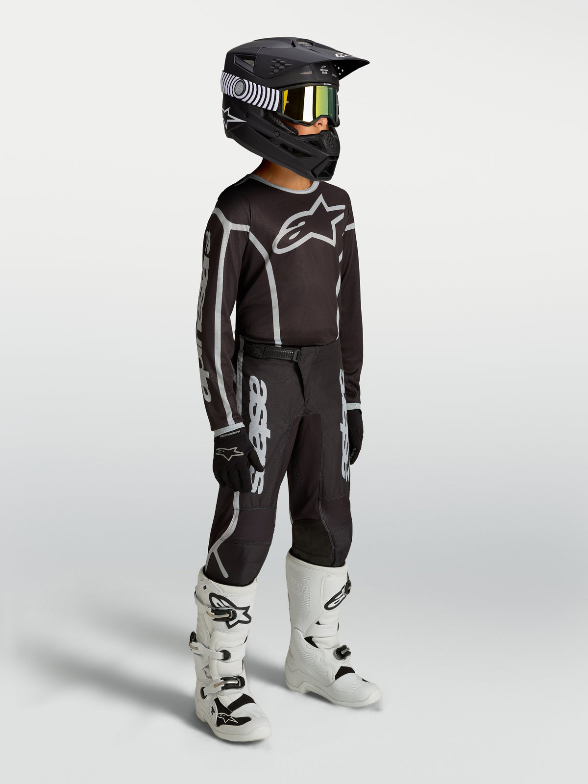 Alpinestars Juventude Fluid Apex V2 camisola e gear set, equipamento de motocross para jovens, preto e prateado, respirável.
