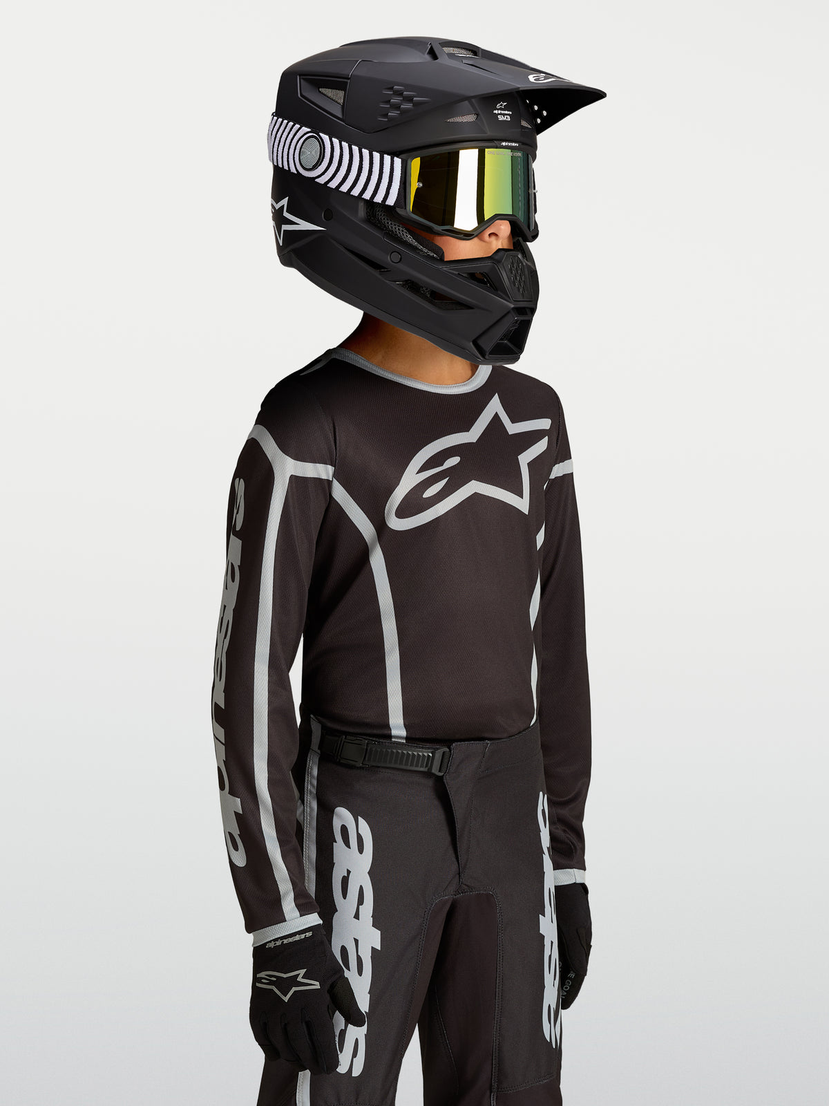 Alpinestars Camisola Fluid Apex V2 Jovem, motocross racing, preta e prateada, tecido respirável com logótipo