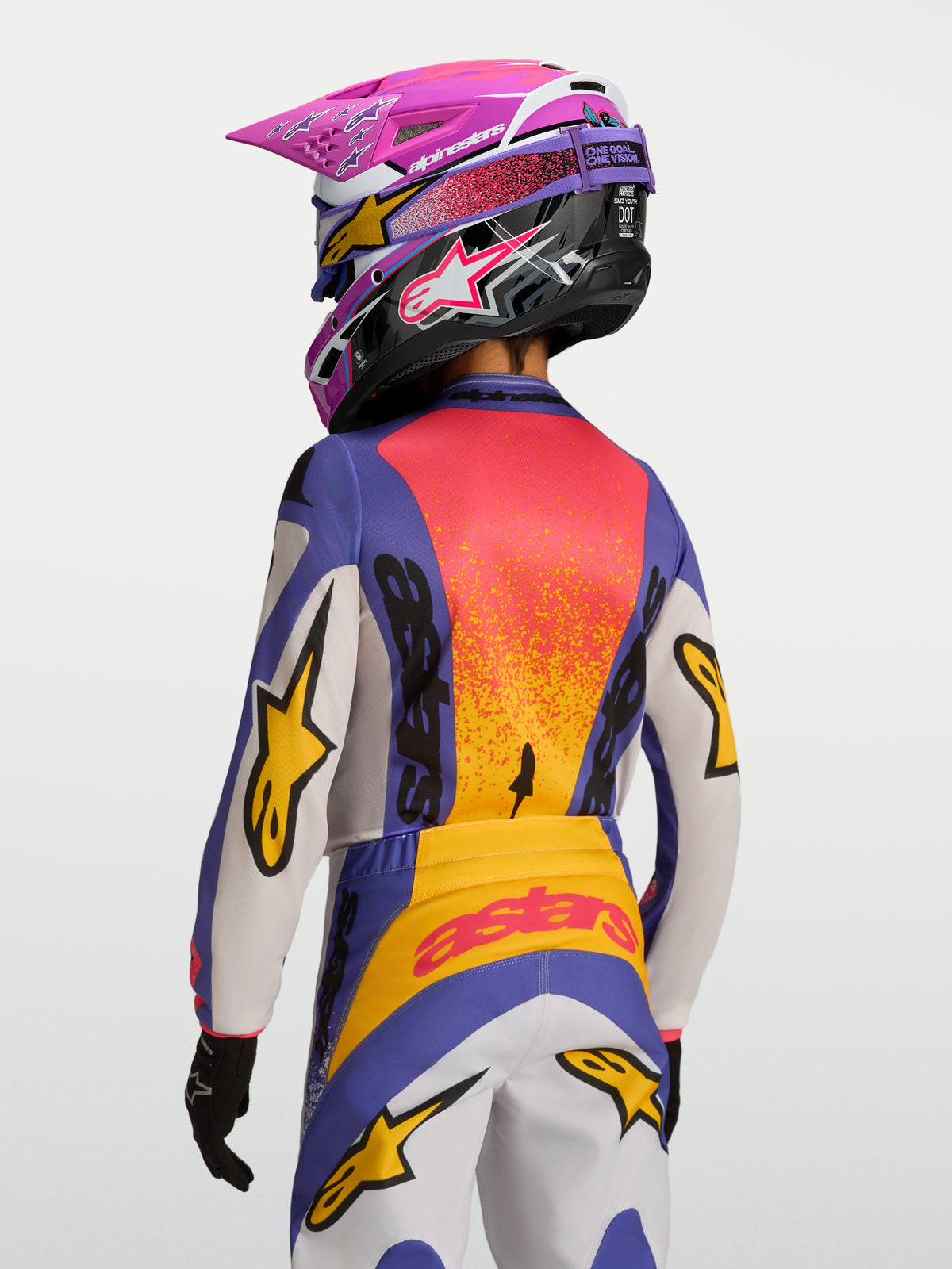Alpinestars Camisola Fluid Drag Juventude 2027, motocross, roxa e laranja, vista traseira, tecido que afasta a humidade