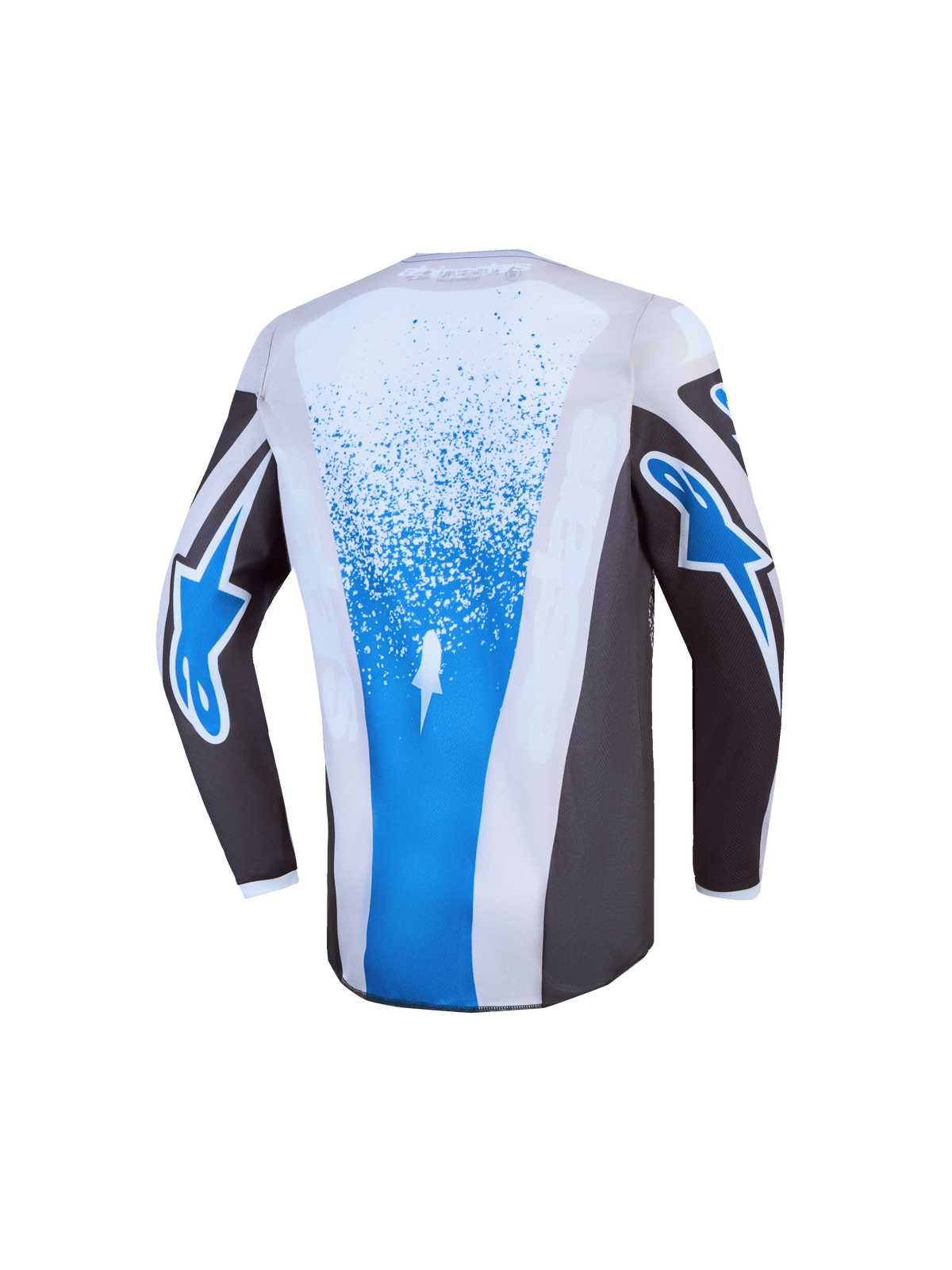 Alpinestars 2027 Youth Fluid Drag Jersey, kids' motocross top in gray and blue, featuring an extended rear for racing comfort.
