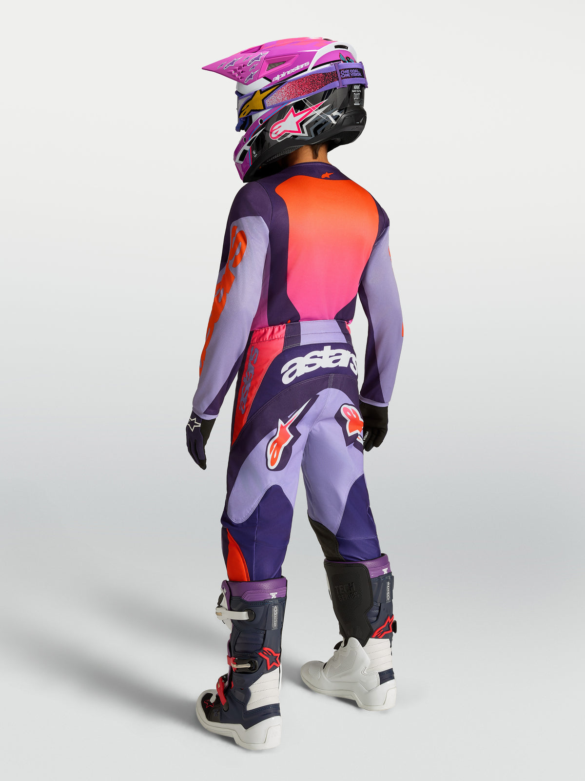 Alpinestars camisola e conjunto de equipamento Fluid Hunt Jovem, motocross, roxo e rosa fluo, vista traseira.