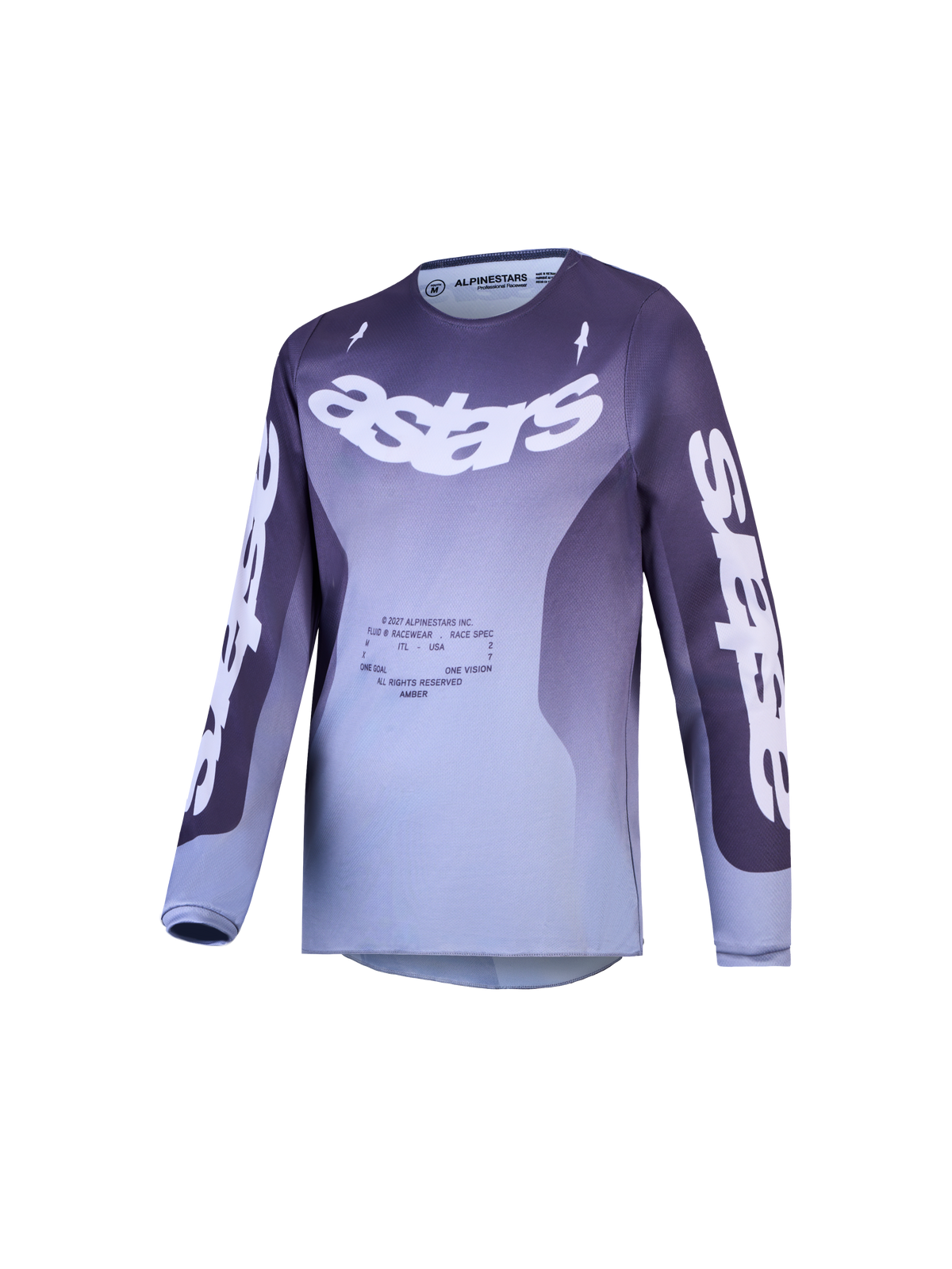 Alpinestars Youth Fluid Amber Jersey, camisola de motocross para juventude, gradiente roxo e cinzento com logótipo Astars