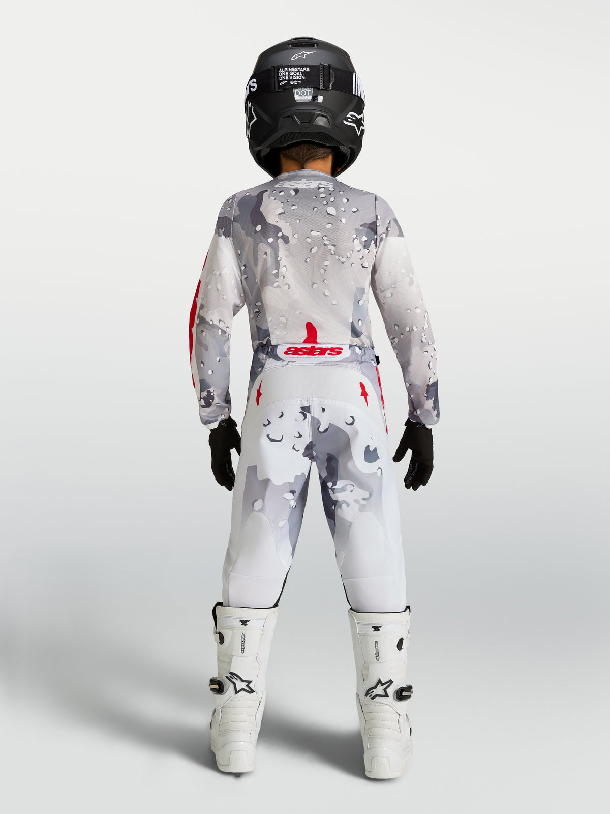 Alpinestars Juventude Fluid Lone Gear Set e Camisola Fluid Lone Jovem 2027, equipamento de motocross em cinzento camuflado e branco com detalhes vermelhos, vista traseira
