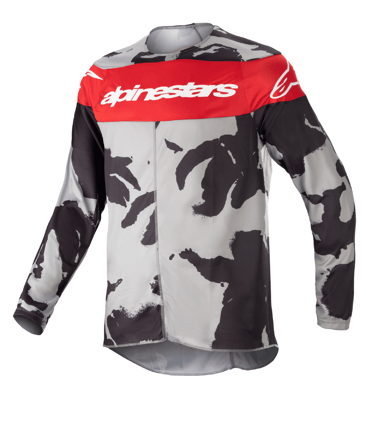 Alpinestars Youth 2023 Racer Tactical Jersey, Motocross Jersey, Cast Gray Camo and Mars Red, featuring a horizontal red chest band with white Alpinestars logo, gray and black camouflage pattern, lightweight moisture-wicking fabric for off-road riding