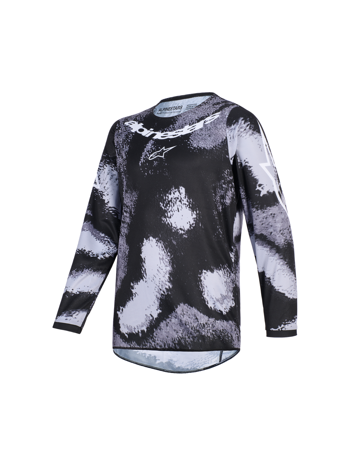 Alpinestars 2026 Racer Lahnd Jersey, camisola de motocross, Iron Camo, padrão de camuflagem preto e cinzento, marca nominativa e logótipo Alpinestars em branco no peito, vestuário de performance de mangas compridas para todo-o-terreno