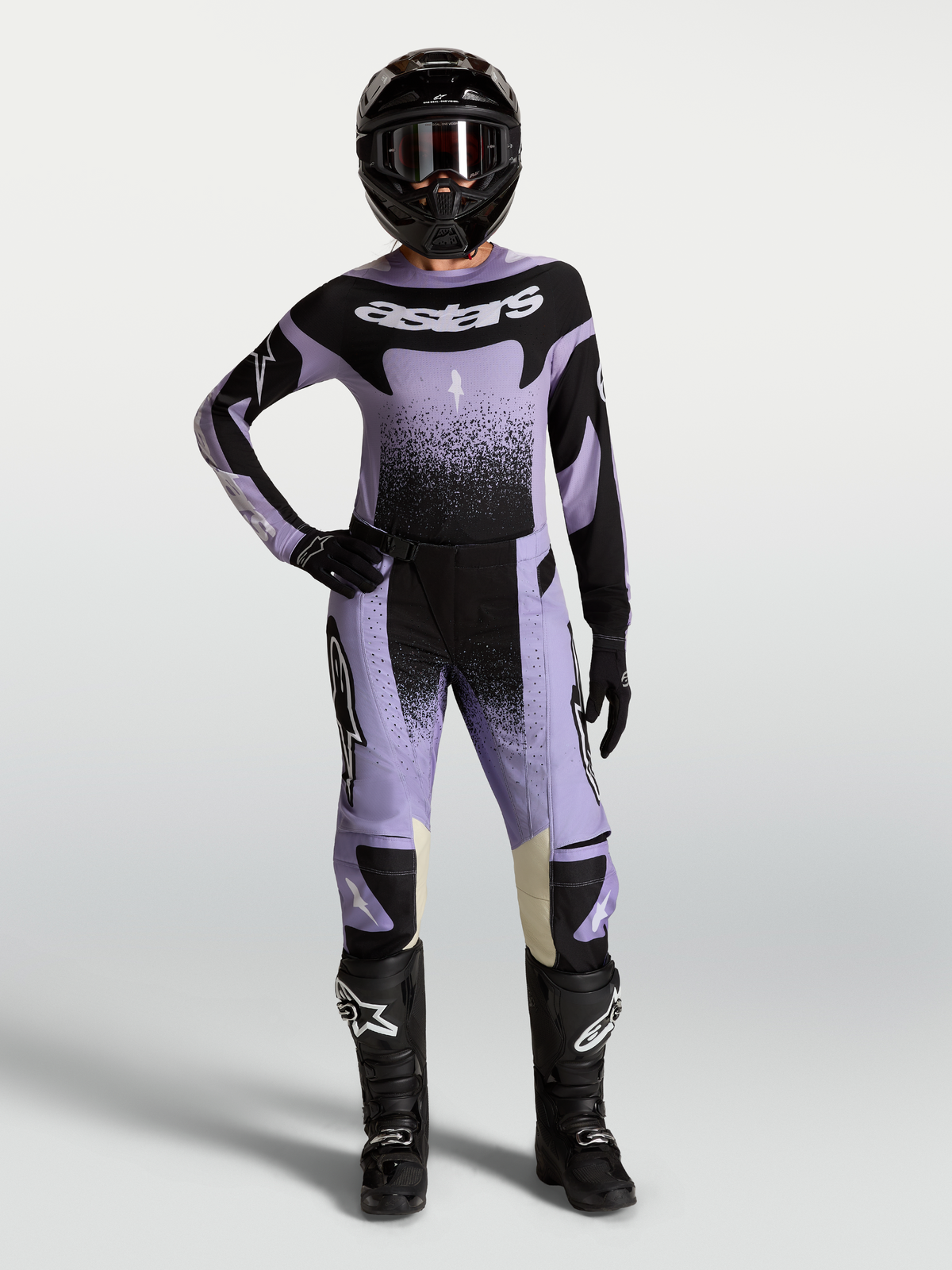 Alpinestars Stella Techstar Swan, calças de motocross para mulher, roxo claro e preto, para performance em todo-o-terreno.