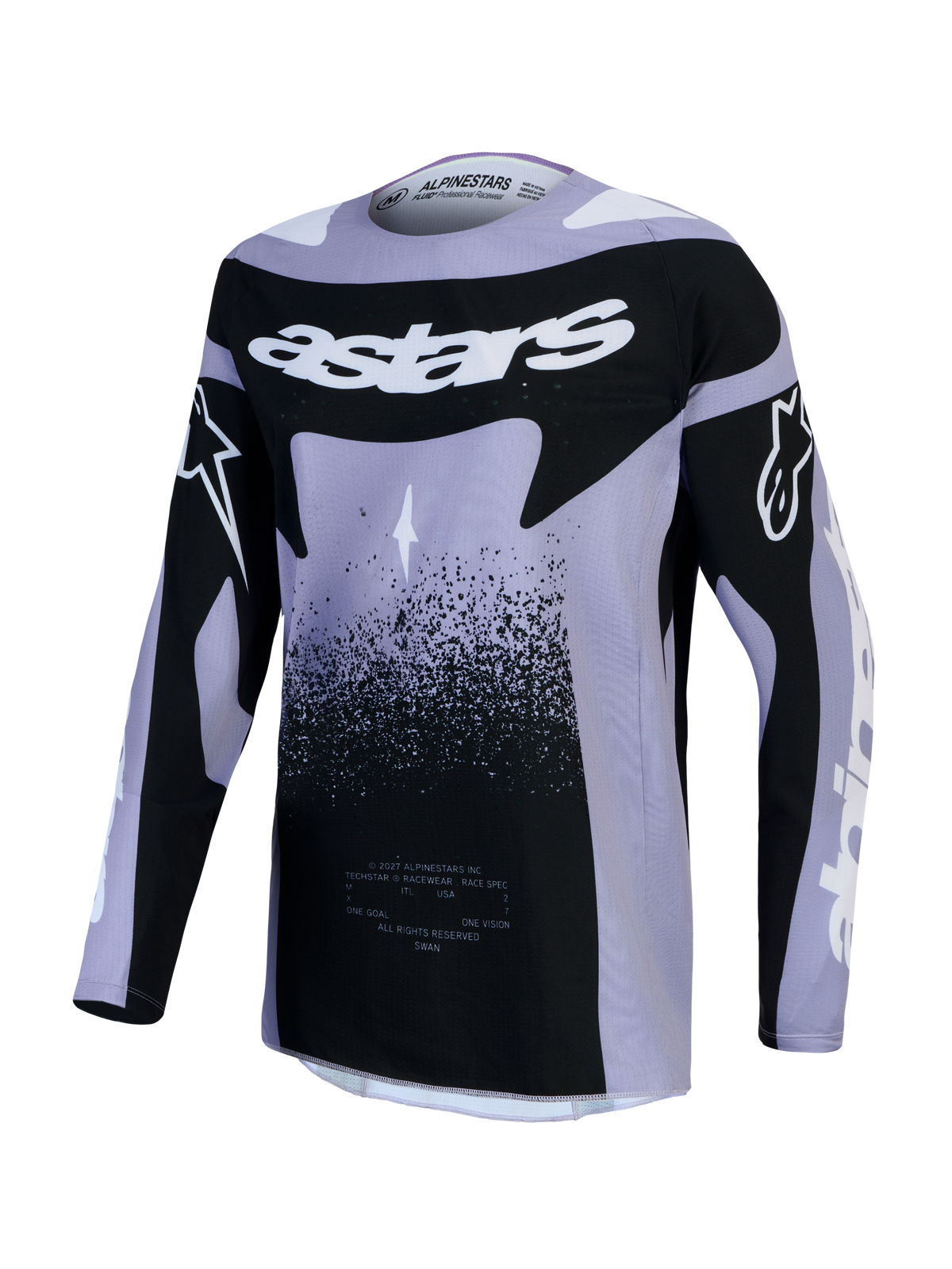 Alpinestars Stella Techstar Swan, camisola de motocross para mulher, violeta claro e preta, gráficos Swan, ajuste ergonómico.