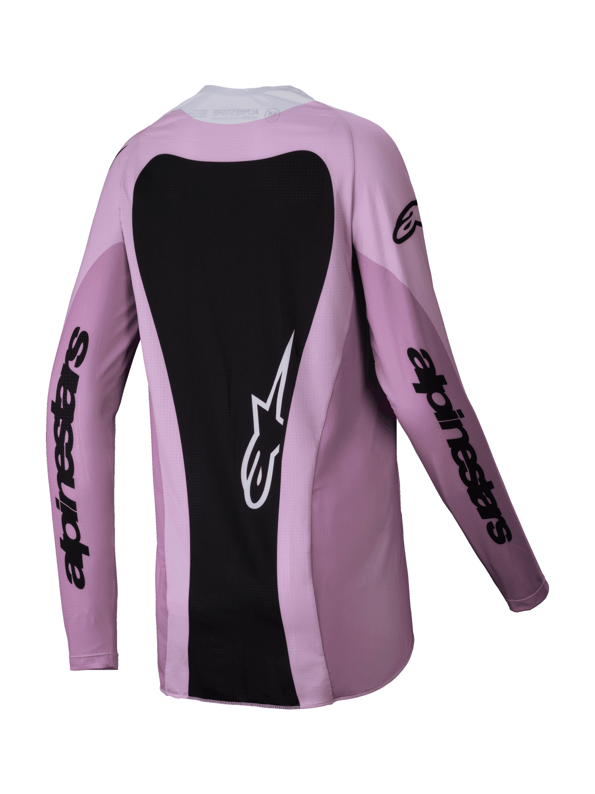 Alpinestars 2025 Woman Stella Techstar Melt Jersey, Motocross Jersey, Blush Black, back view featuring a large black panel with a white star logo, long sleeves with black wordmark branding, performance off-road gear for women