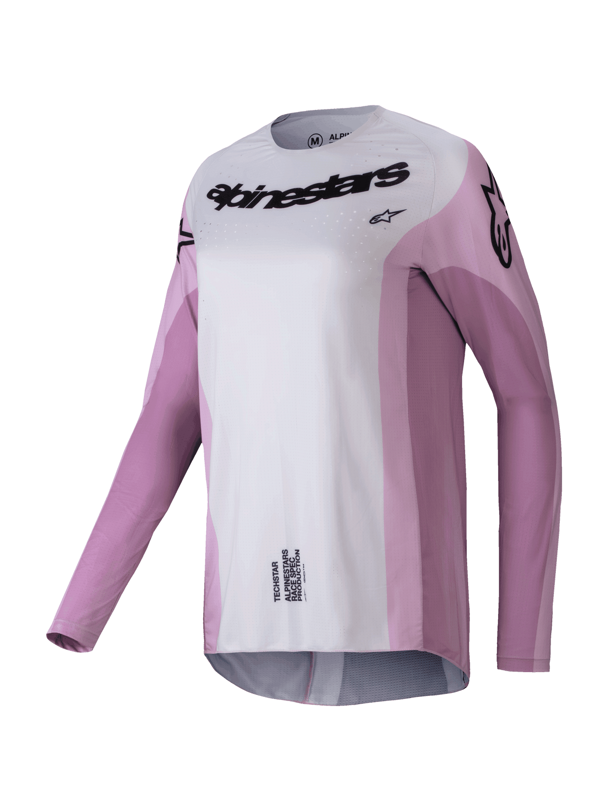 Alpinestars 2025 Stella Techstar Melt Jersey, Women's Motocross Long-Sleeve Jersey, Blush Pink and Light Gray with black branding, laser-cut perforations for ventilation, athletic racing apparel