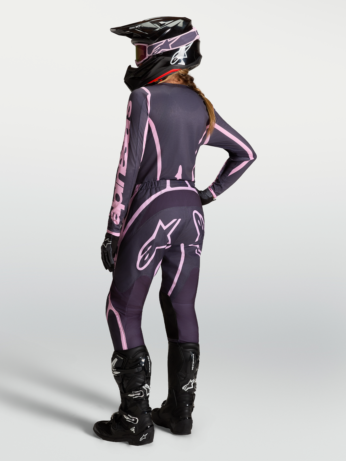 Alpinestars Stella Fluid Apex V2 Jersey AND Gear Set, women's motocross outfit in gray and pink with black boots.