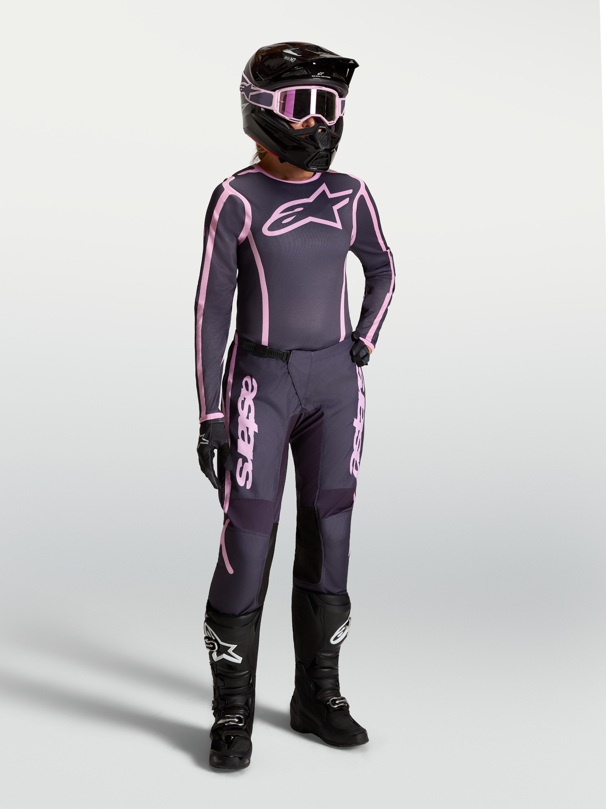Alpinestars Stella Fluid Apex V2 Pants and Jersey, women's motocross gear in graystone and pink for off-road performance.