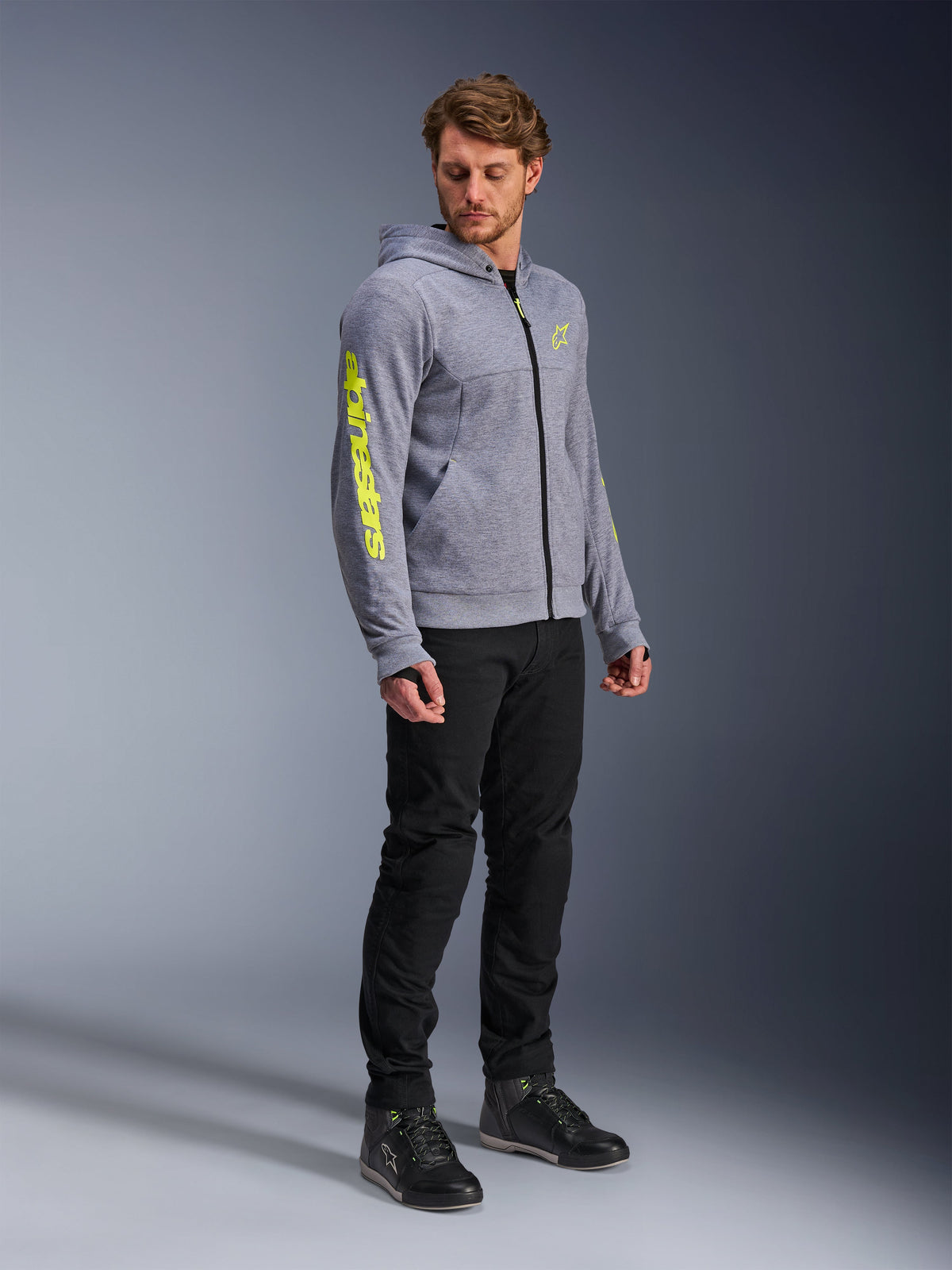 Alpinestars Chrome V2 Sport Hoodie, hoodie de motociclismo urbano para homem, cinzento mesclado e amarelo fluo, em fleece técnico com reforços aramídicos e proteções Nucleon Flex Plus, certificado CE