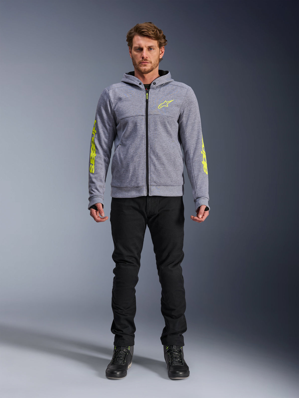 Alpinestars Sweatshirt Chrome V2 Sport, hoodie de moto para homem, cinzento e amarelo fluorescente, em fleece técnico.