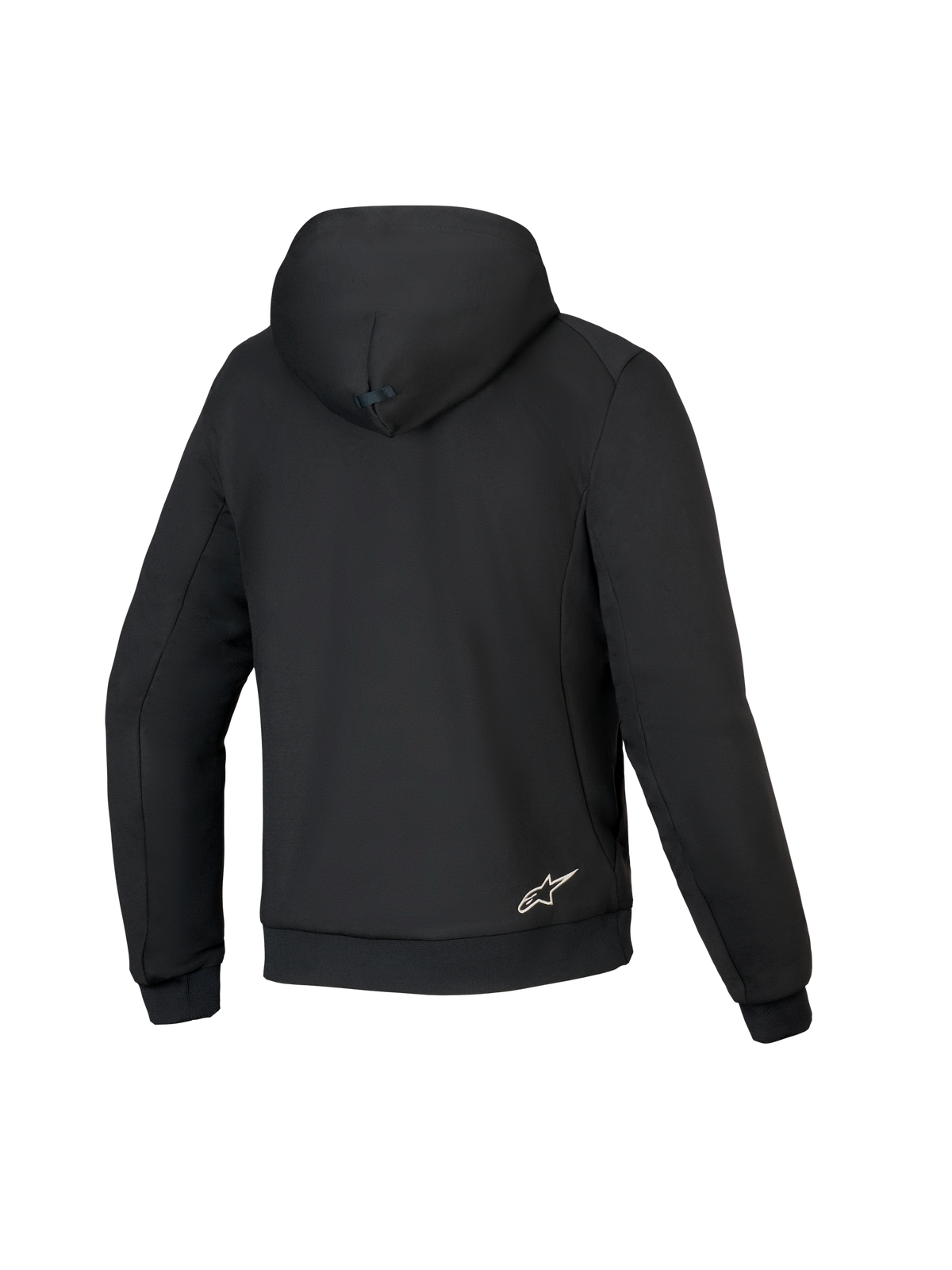 Alpinestars Honda Chrome V3 Sport Hoodie, preto, vista traseira de hoodie de motociclismo, construção em tecido polar técnico, com capuz com ligação por botão de pressão, punhos e bainha canelados e pequeno logótipo Alpinestars branco na parte inferior das costas.