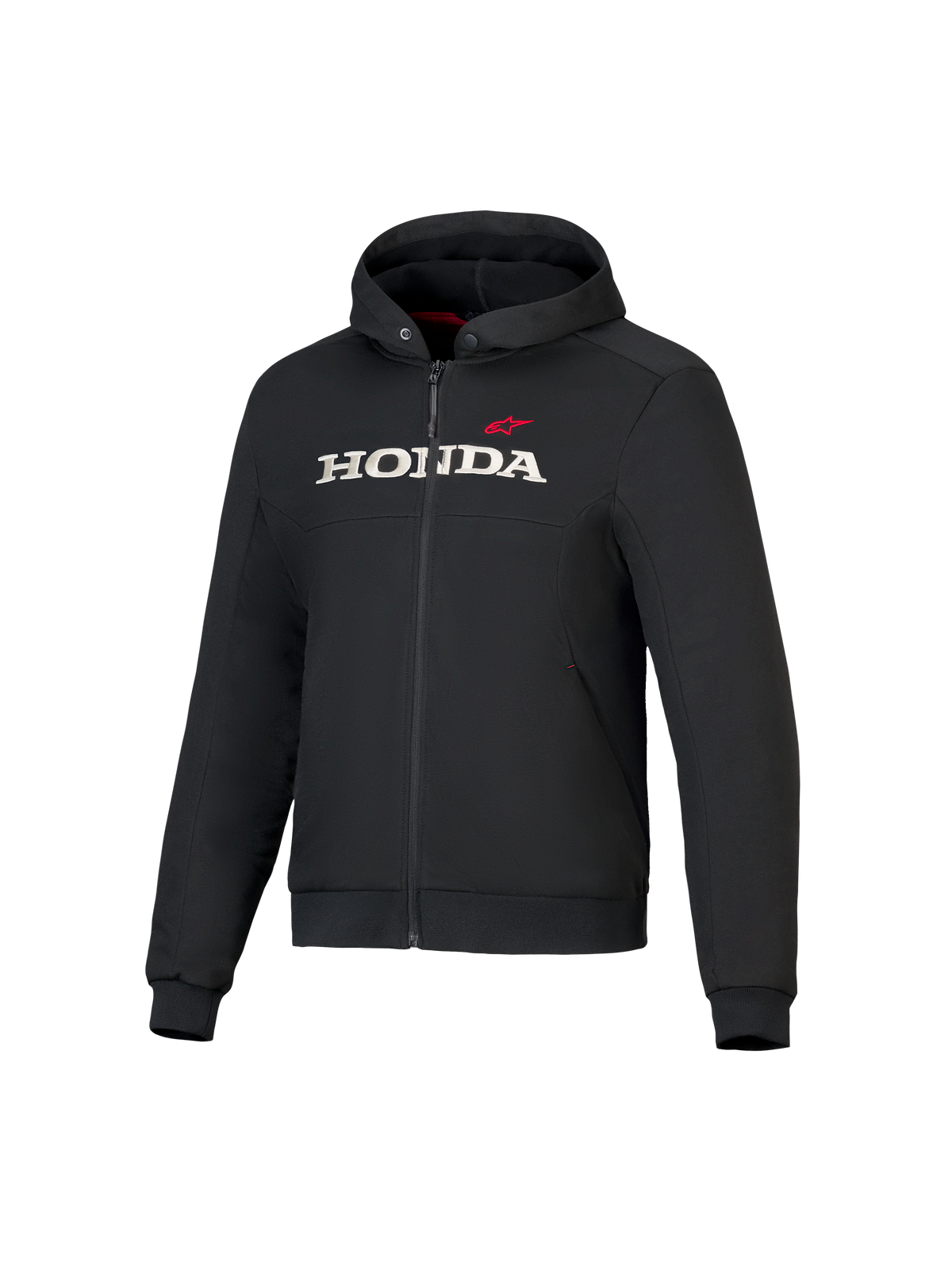 Alpinestars Honda Chrome V3 Sport Hoodie, casaco com capuz preto com fecho frontal, logótipo HONDA branco e estrela Alpinestars vermelha no peito, mangas compridas com punhos canelados, forro do capuz vermelho, vestuário de motociclismo urbano