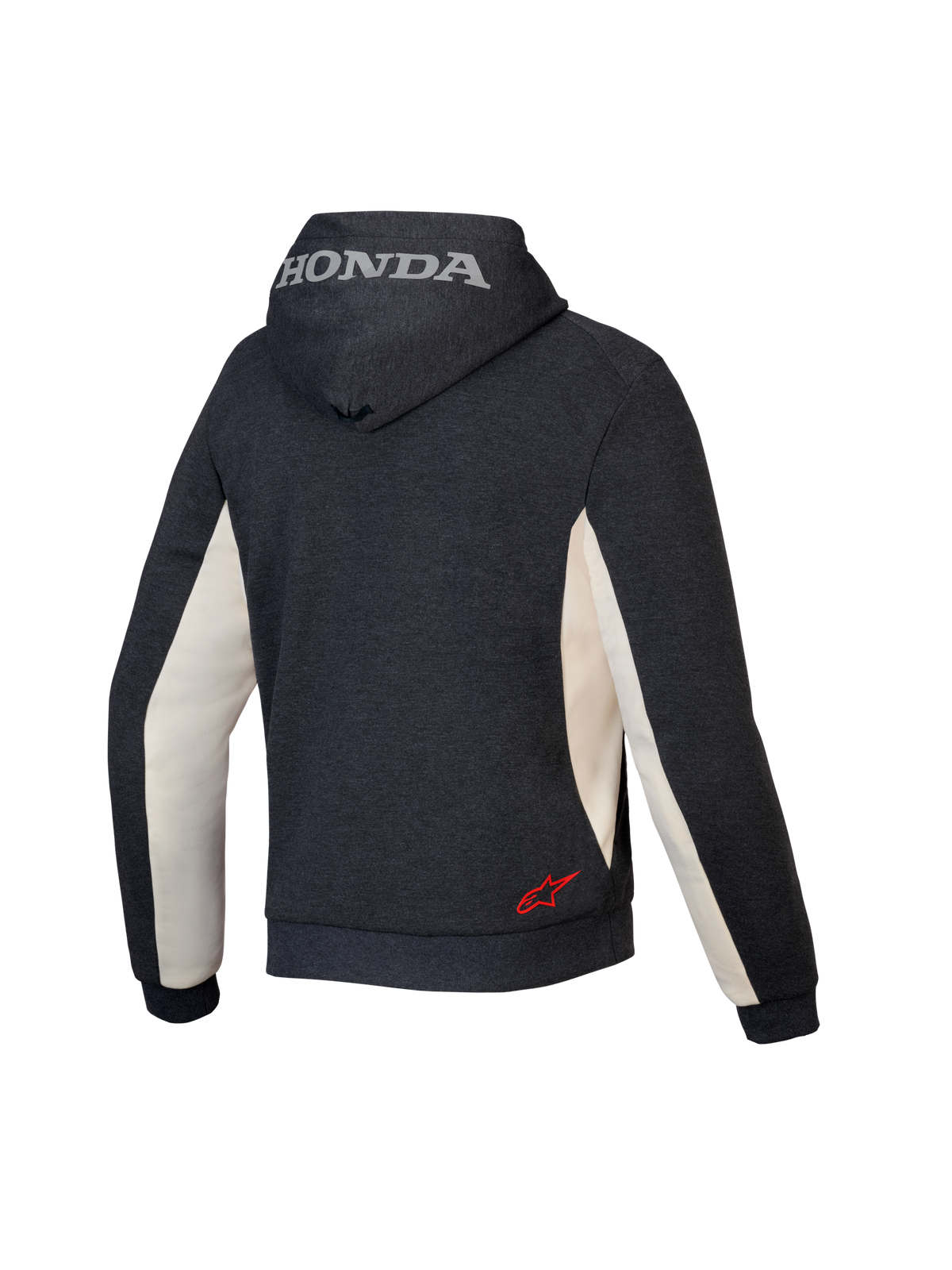 Alpinestars Honda Chrome V3 Sport Hoodie, hoodie de motociclismo urbano, Antracite Mesclado e Off White, vista traseira exibindo o logótipo prateado da Honda no capuz e o logótipo da estrela Alpinestars a vermelho na parte inferior das costas, construção em tech fleece