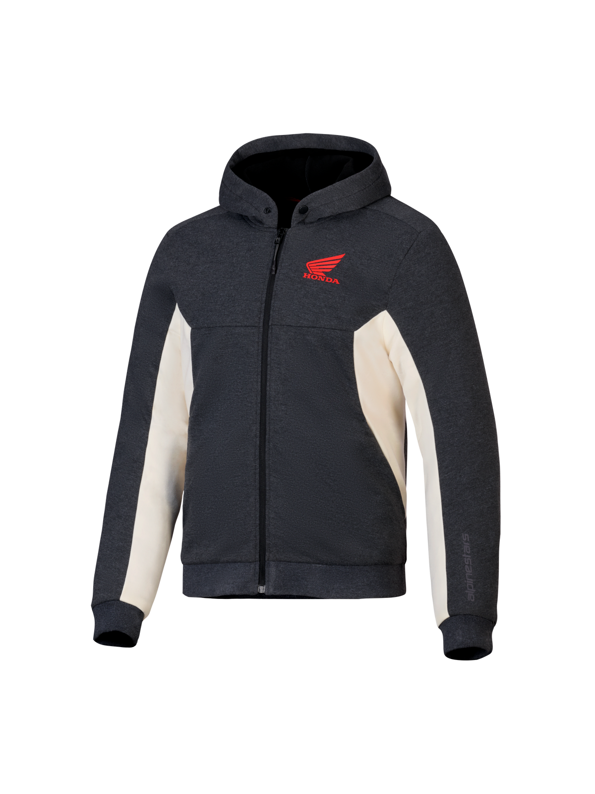 Alpinestars Honda Chrome V3 Sport Hoodie, Anthracite Melange and Off White, Red Honda Wing logo on the chest, Full-zip tech fleece with snap-button hood and ribbed cuffs, casual urban motorcycle riding gear