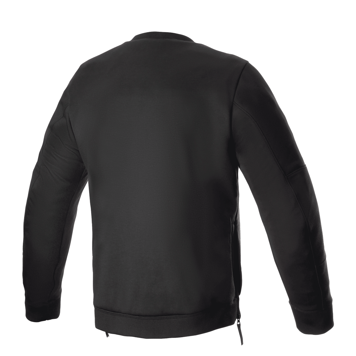Alpinestars Legit Crew Fleece, preto, vista traseira de pulôver para motociclismo urbano, gola redonda com punhos e bainha canelados, fechos laterais para acesso, equipamento de proteção casual para motociclistas