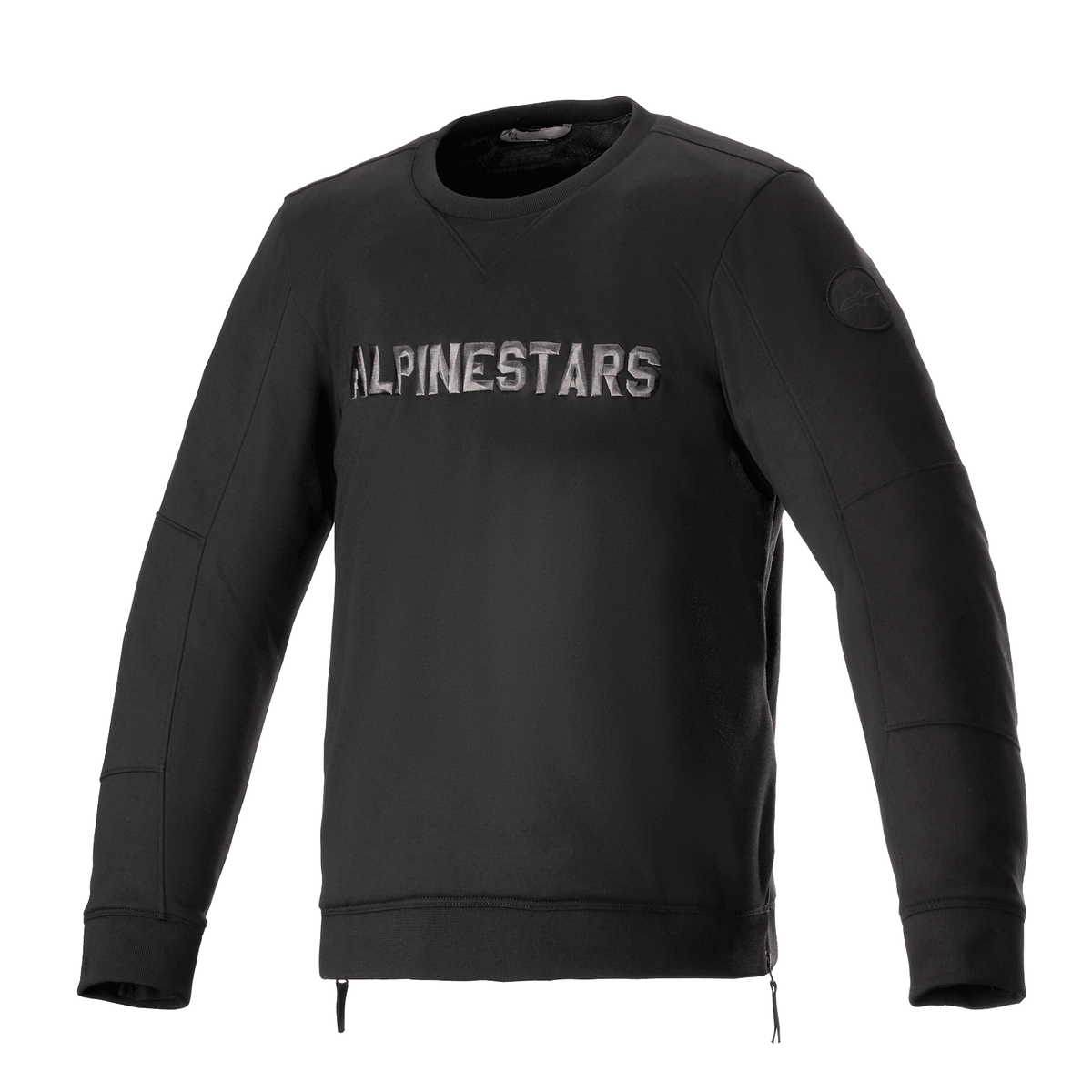 Alpinestars Legit Crew Fleece, casaco de motociclismo urbano, preto e cinzento, pulôver de gola redonda com logótipo metálico no peito, fechos laterais, punhos e bainha canelados, equipamento de condução casual