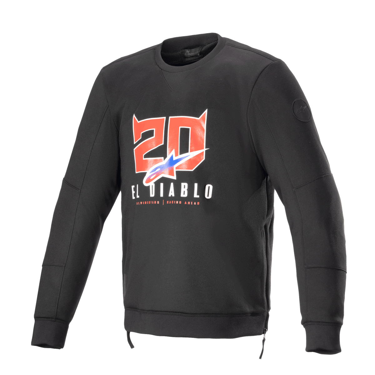 Alpinestars FQ20 Legit Crew Fleece, sweatshirt de motociclismo preta de manga comprida, apresenta gráficos no peito do '20' com chifres de diabo vermelho e 'El Diablo', logótipo em degradê azul e vermelho, fechos laterais e acabamentos canelados, equipamento de condução casual urbano