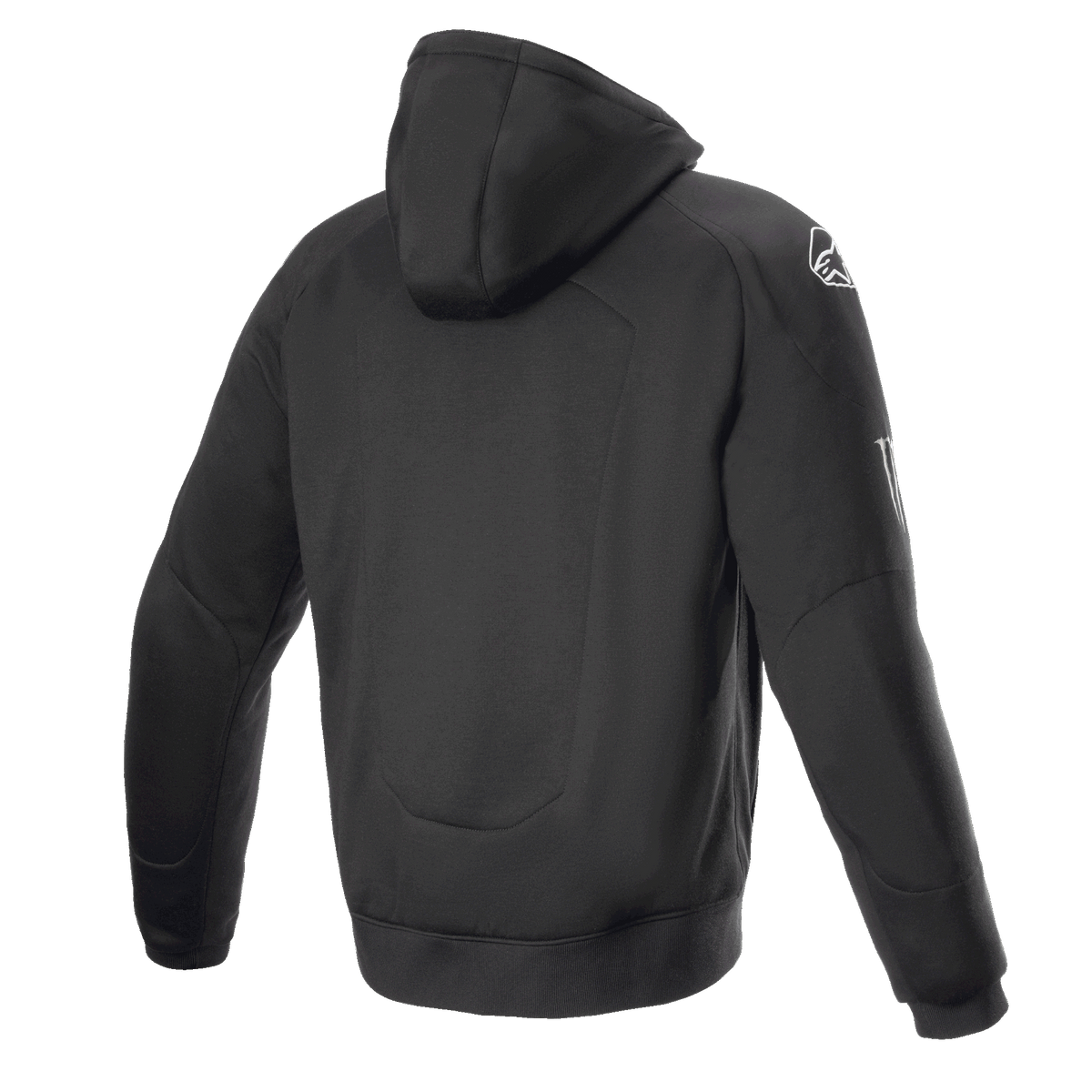 Alpinestars FQ20 Chrome Ignition Monster Hoodie, casaco de motociclismo com capuz preto, vista traseira, logótipo Alpinestars branco no ombro, marca Monster Energy na manga, design urbano casual com construção têxtil protetora