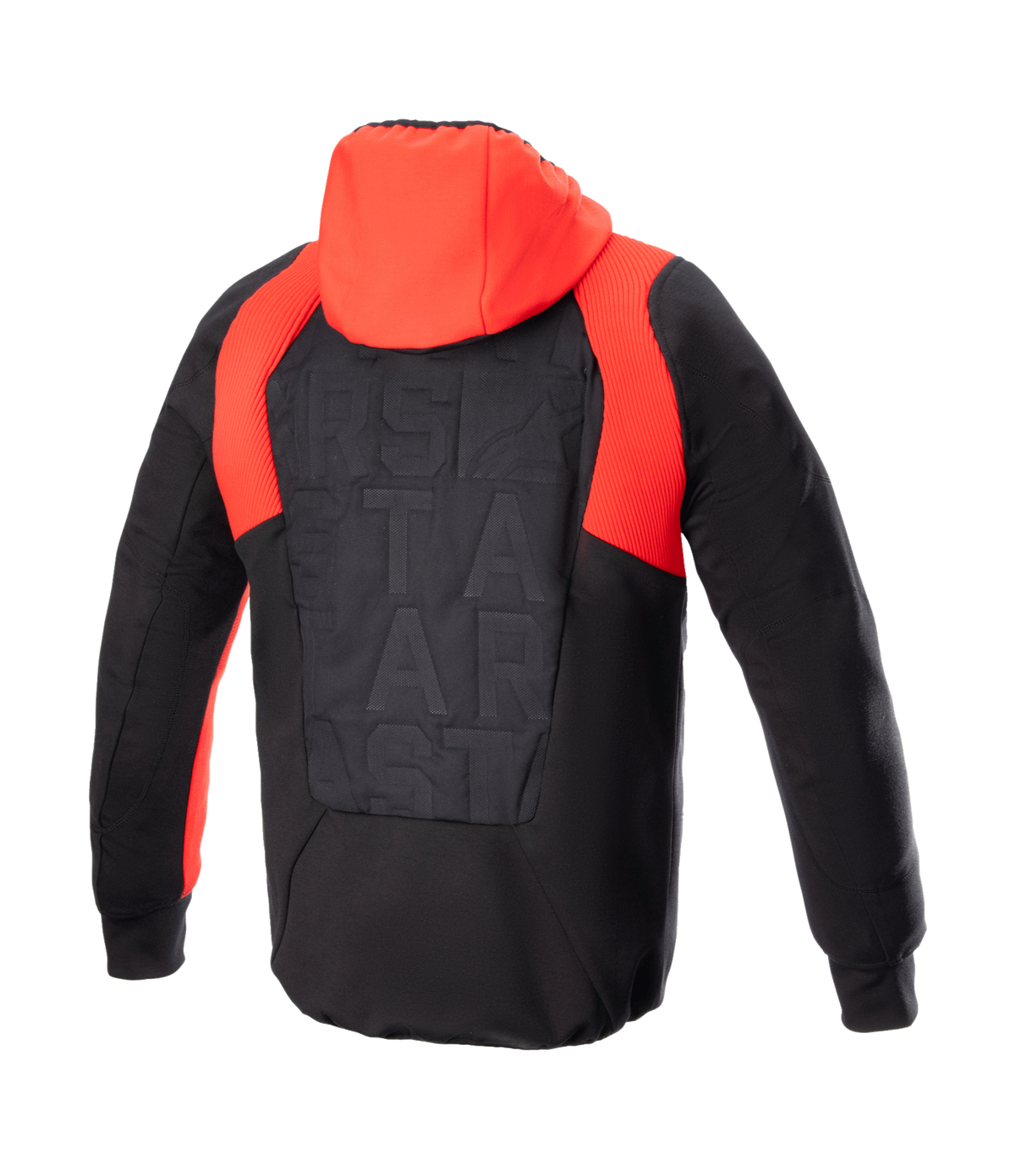 Casaco com Capuz Alpinestars MO.ST.EQ Hybrid, vista traseira, Preto e Vermelho Flame, com capuz vermelho vivo e detalhes canelados nos ombros, painel traseiro acolchoado sem costuras com logótipo tonal, hoodie de proteção para motociclismo urbano
