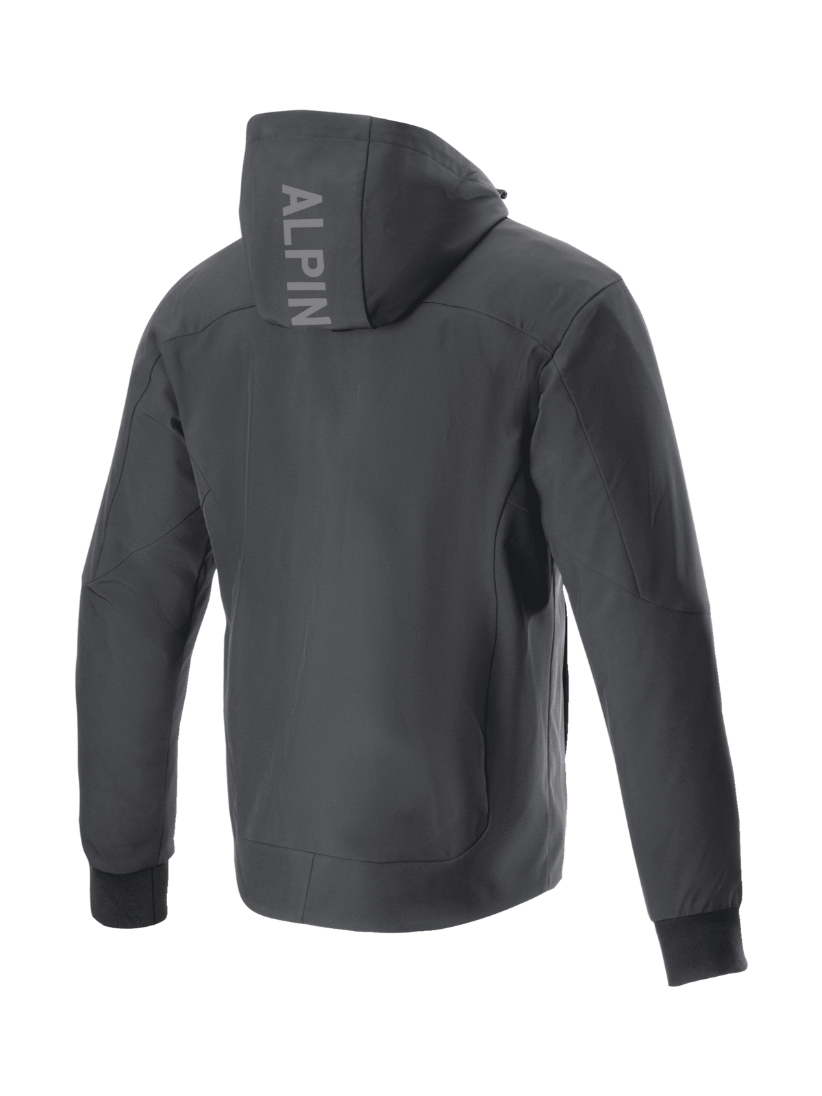 Alpinestars Hoodie Radium Tech, casaco de moto preto para homem, vista traseira, logótipo no capuz, material à prova de vento.