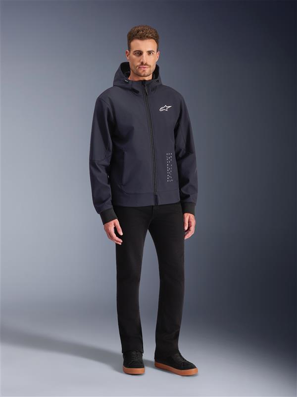 Alpinestars Hoodie Radium Tech, casaco de moto urbano para homem, preto e branco, material corta-vento, pronto para Tech-Air, estilo casual com proteções Nucleon Flex Plus integradas.