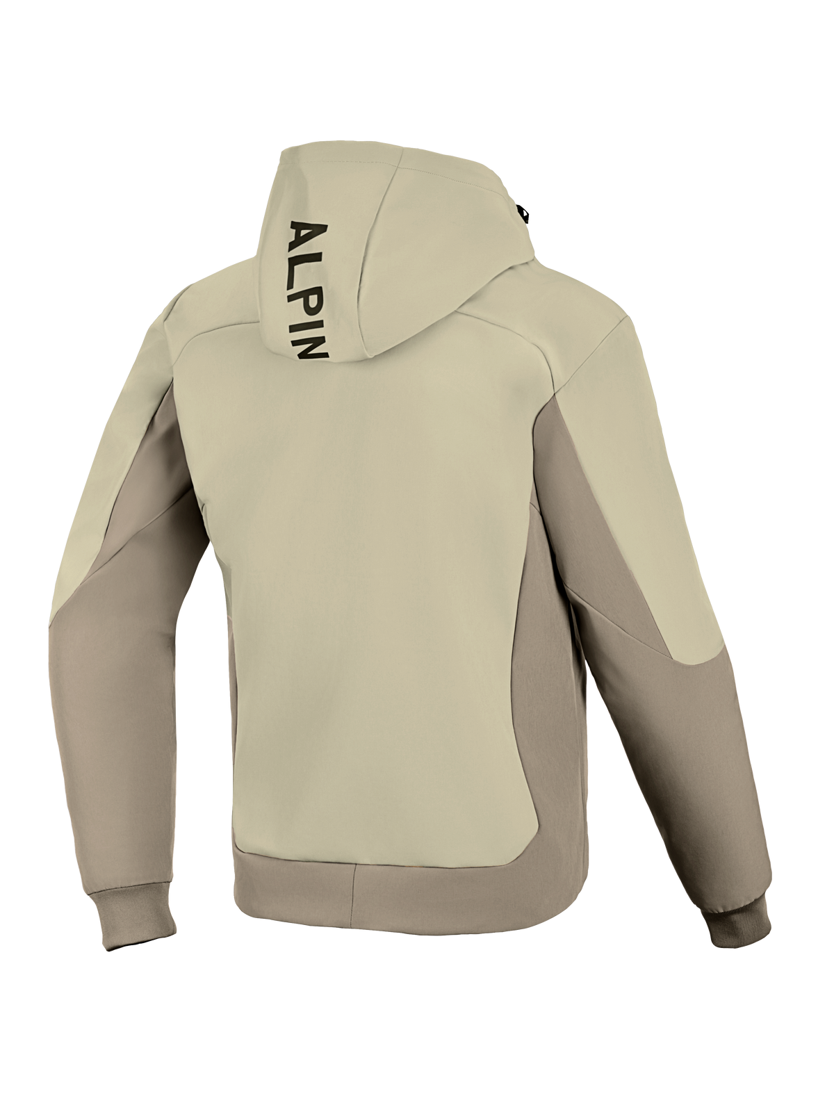 Alpinestars Radium Tech Hoodie, vista traseira, Mastic Aluminum, casaco de motociclismo urbano, design têxtil em dois tons de bege e cinzento, logótipo preto vertical no capuz, punhos e bainha canelados, camada técnica corta-vento para condução urbana.